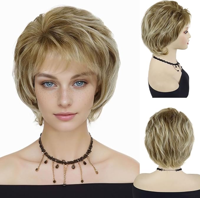 Short Natural Curly Blonde Highlighted Pixie Wig for Women - Heat Resistant Synthetic Hairpiece for Cosplay, Costume Parties & Everyday Fashion