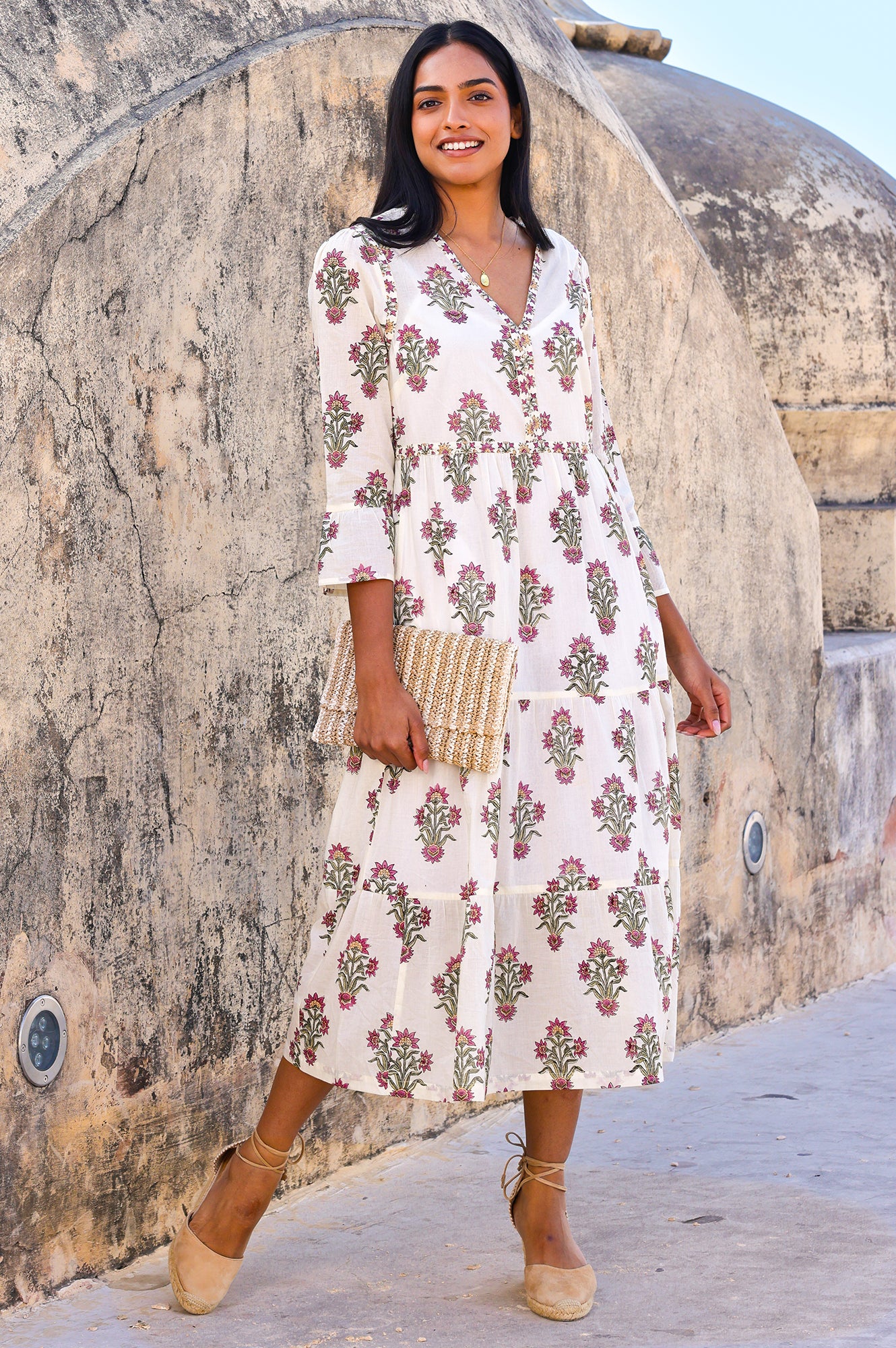 Hayden Organic Cotton Block Print Dress - Antique Wildflower Pattern in Cream, Red & Green | Boho Chic Summer Dress for Beach, Vacation & Casual Wear