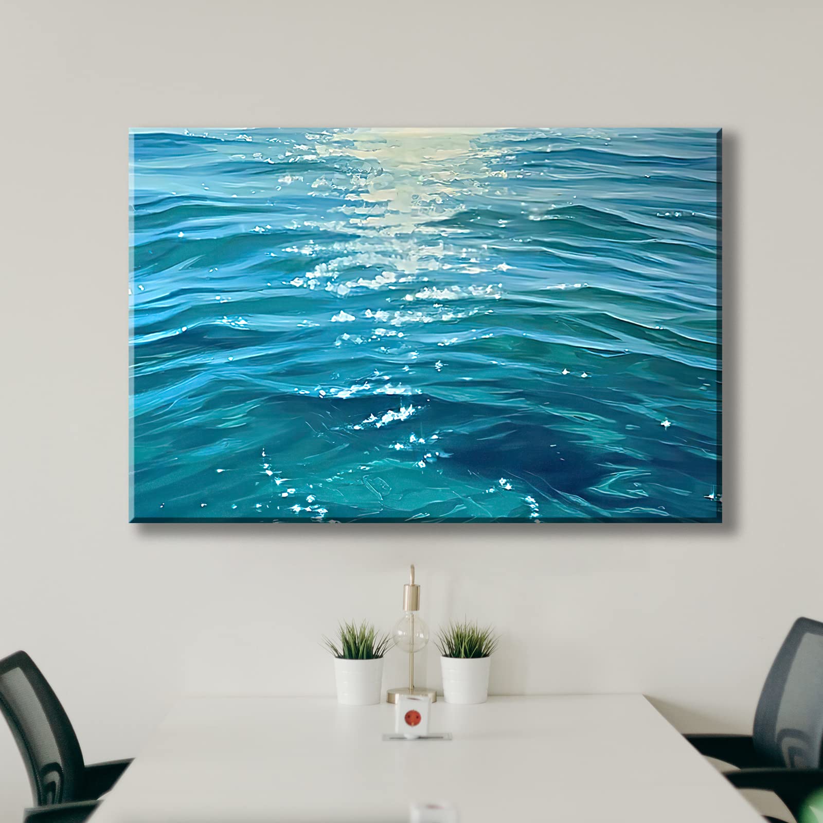Looife Ocean Wave Canvas Wall Art - Cyan Sparkling Sunset Seascape Painting, Framed Ready-to-Hang Canvas Print (48x36 Inch) - Inspirational Beach Decor for Living Room, Office & Coastal Home Decor