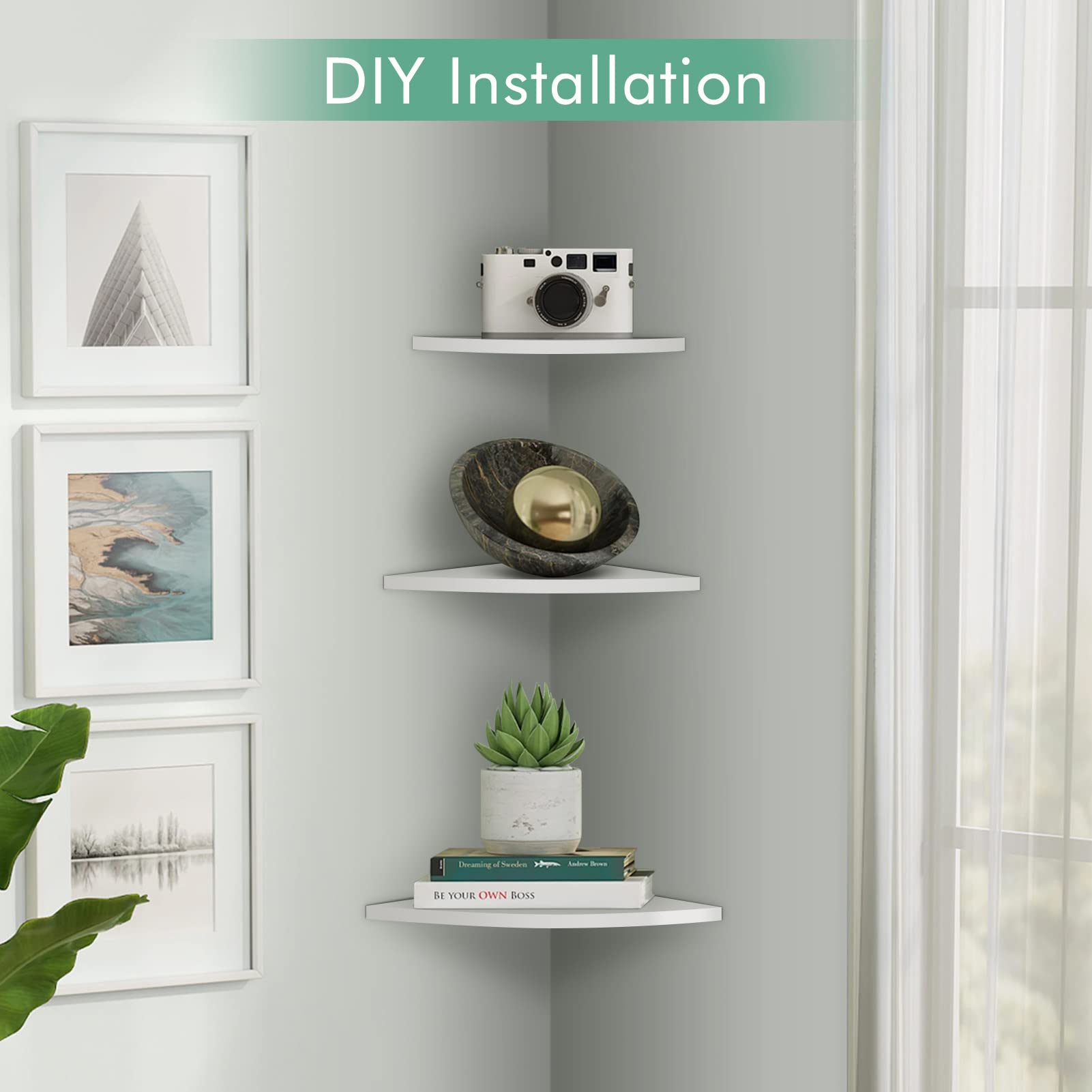 White High Gloss Floating Corner Shelf Set of 3 - Wall Mounted Storage Rack for Books, Decor & Essentials | Perfect for Living Room, Office & Small Space Organization | Modern Home & Office Furniture