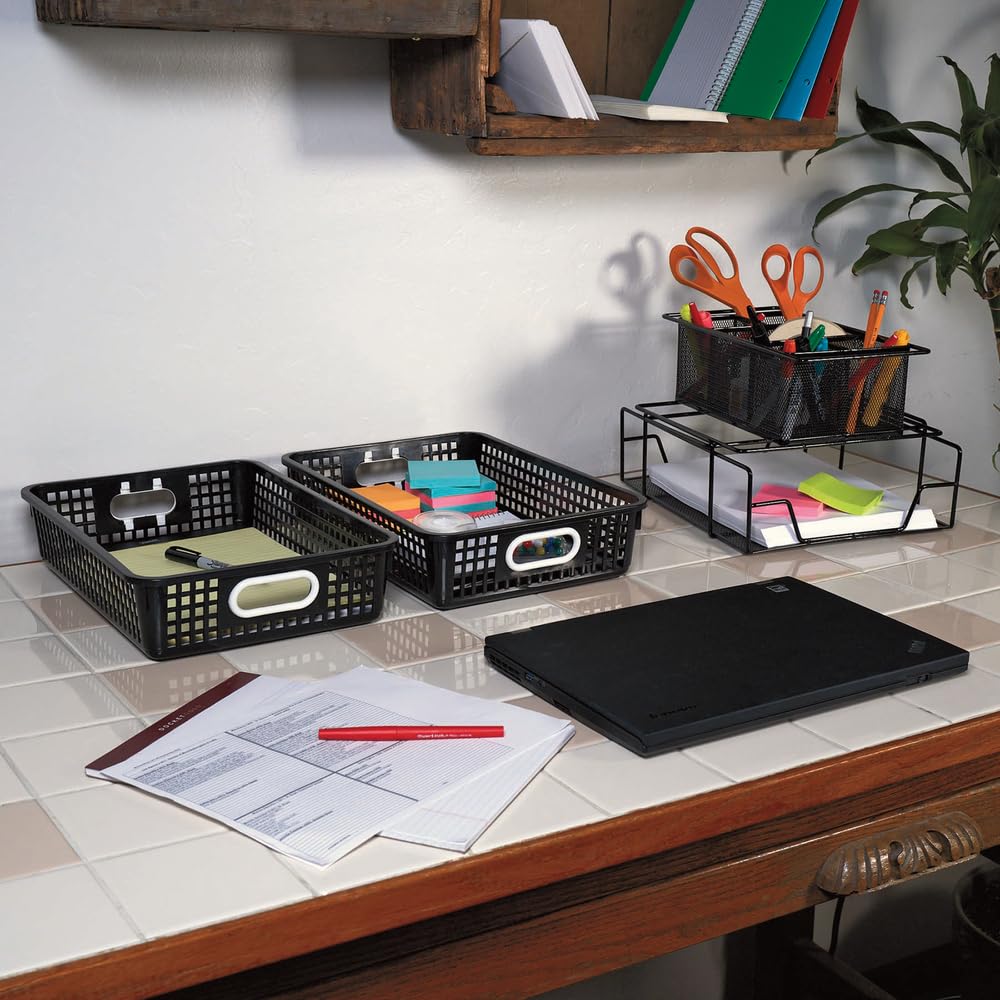 Really Good Stuff 14x10 Black Desktop Paper Storage Basket - Organizer for Office, School & Home Workspace