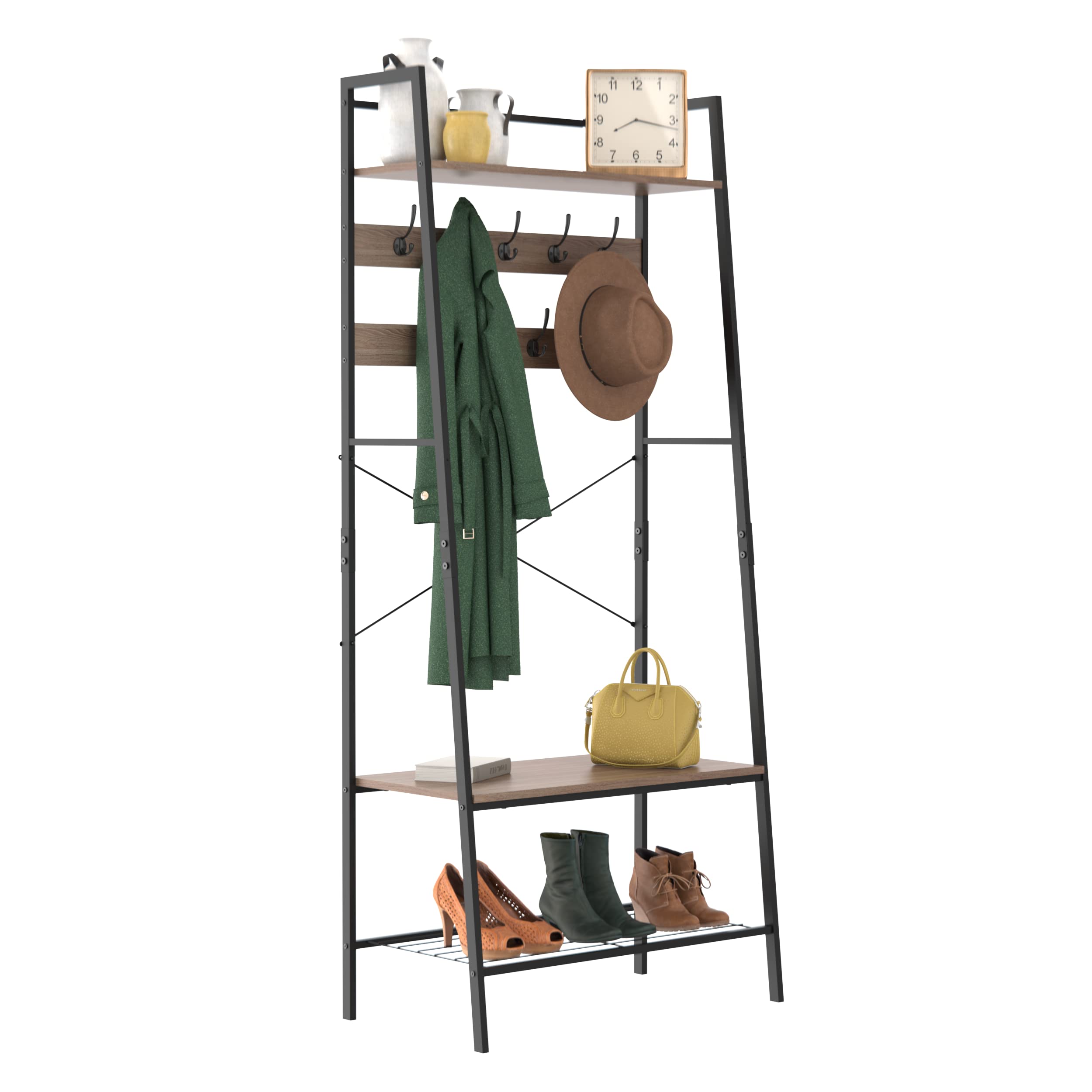 ClosetMaid Hall Tree with Shoe Bench - 9 Hooks & Storage Shelf Ladder Design - Weathered Gray/Black Metal - Perfect for Entryway, Mudroom & Home Organization