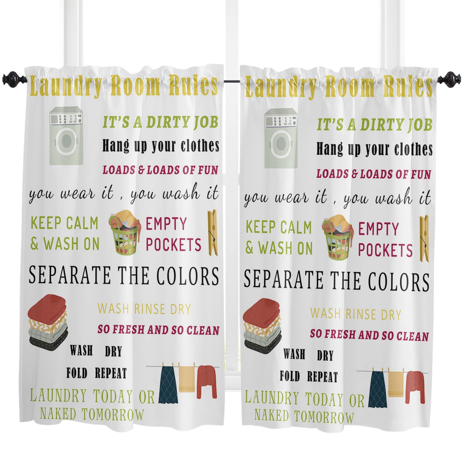 Seven Roses Laundry Room Rules Wash Dry Fold Repeat Window Curtain - Light Filtering 2 Panel Set (84x45 inches) for Bathroom, Kitchen, Bedroom & Living Room - Perfect for Laundry Rooms, Coffee Shops & Cozy Home Decor