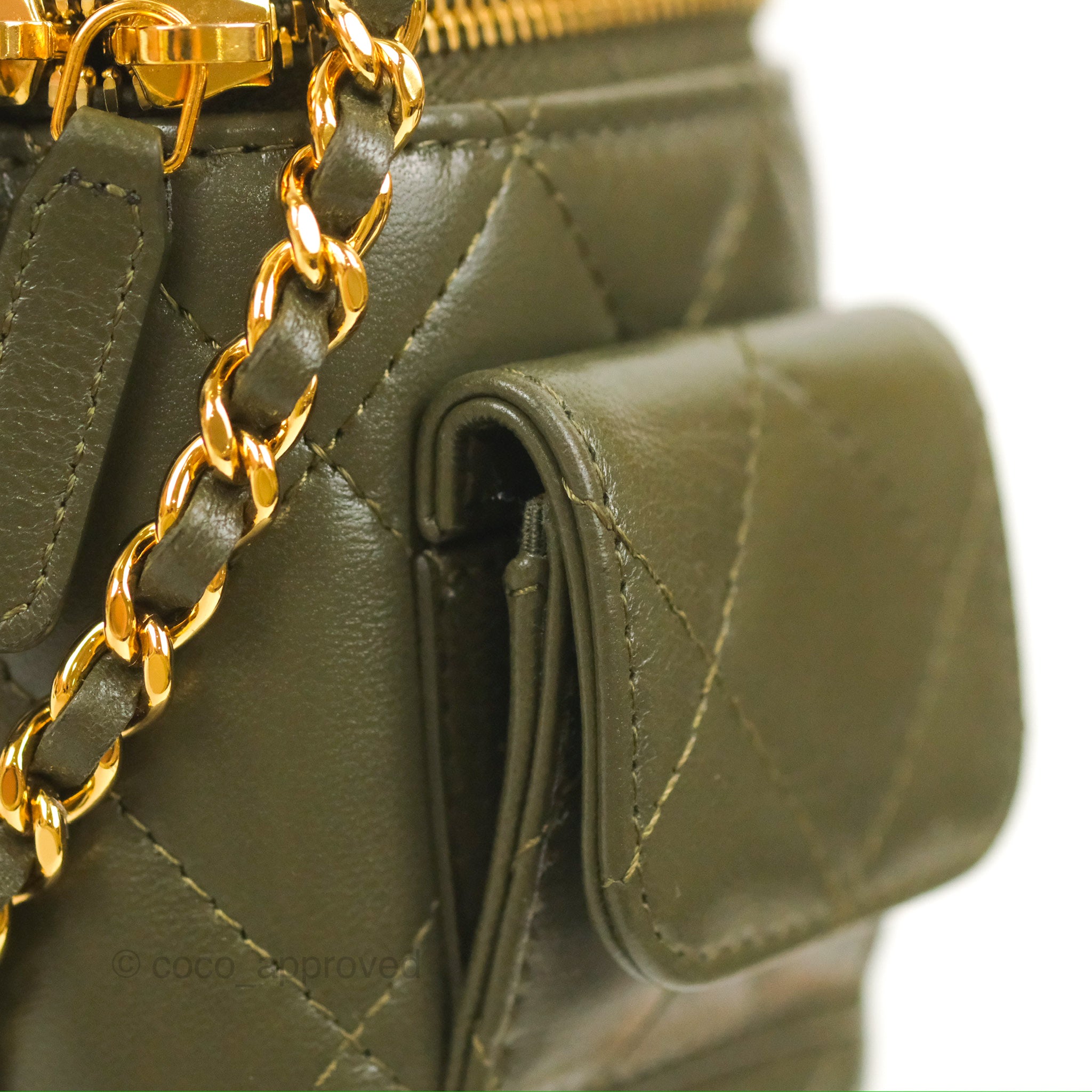 Chanel 22K Khaki Green Lambskin Cargo Pocket Top Handle Vanity Bag with Chain - Luxury Crossbody Purse for Women, Perfect for Date Night & Evening Events