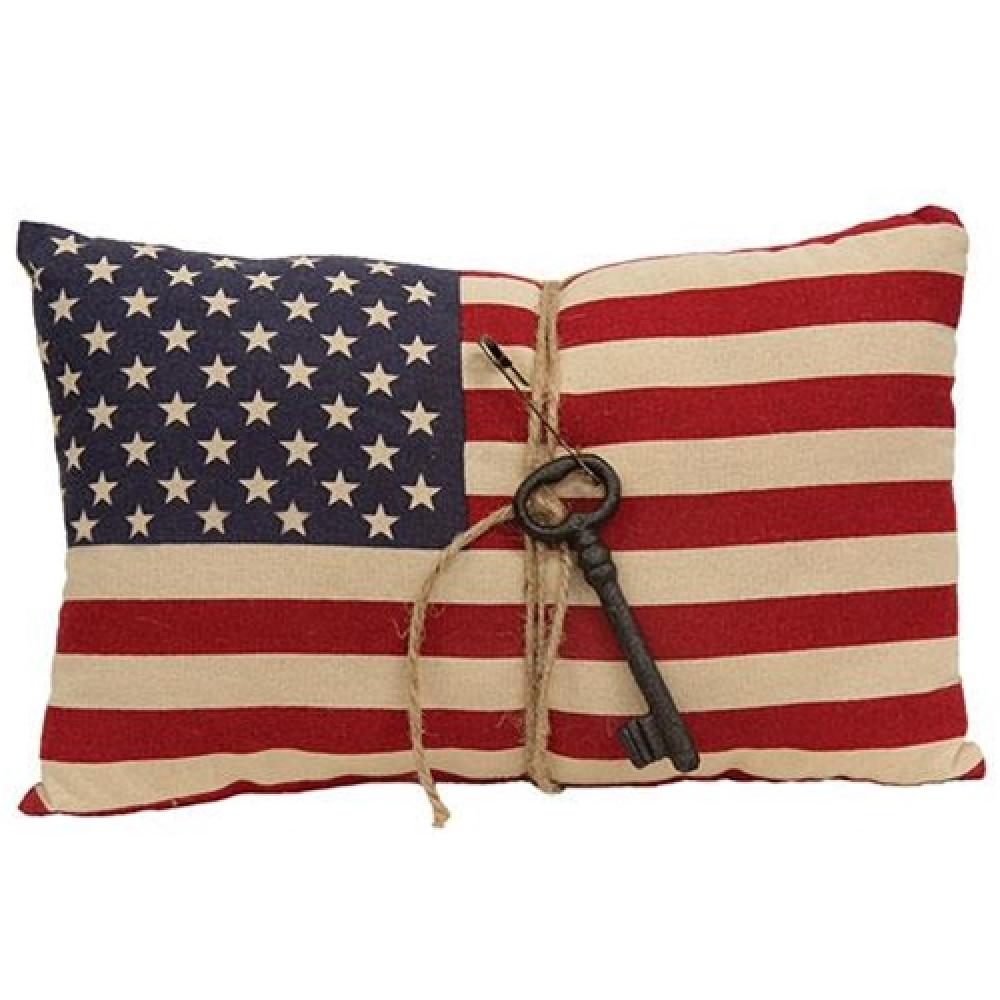 Vintage American Flag Pillow with Antique Key - Patriotic Home Decor for Living Room, Bedroom, or Porch