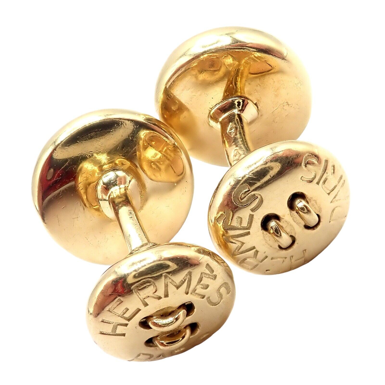 Vintage Authentic Hermes Paris 18k Yellow Gold Men's Lapis Button Cufflinks - Luxury Collectible Jewelry for Formal Events & Gifts