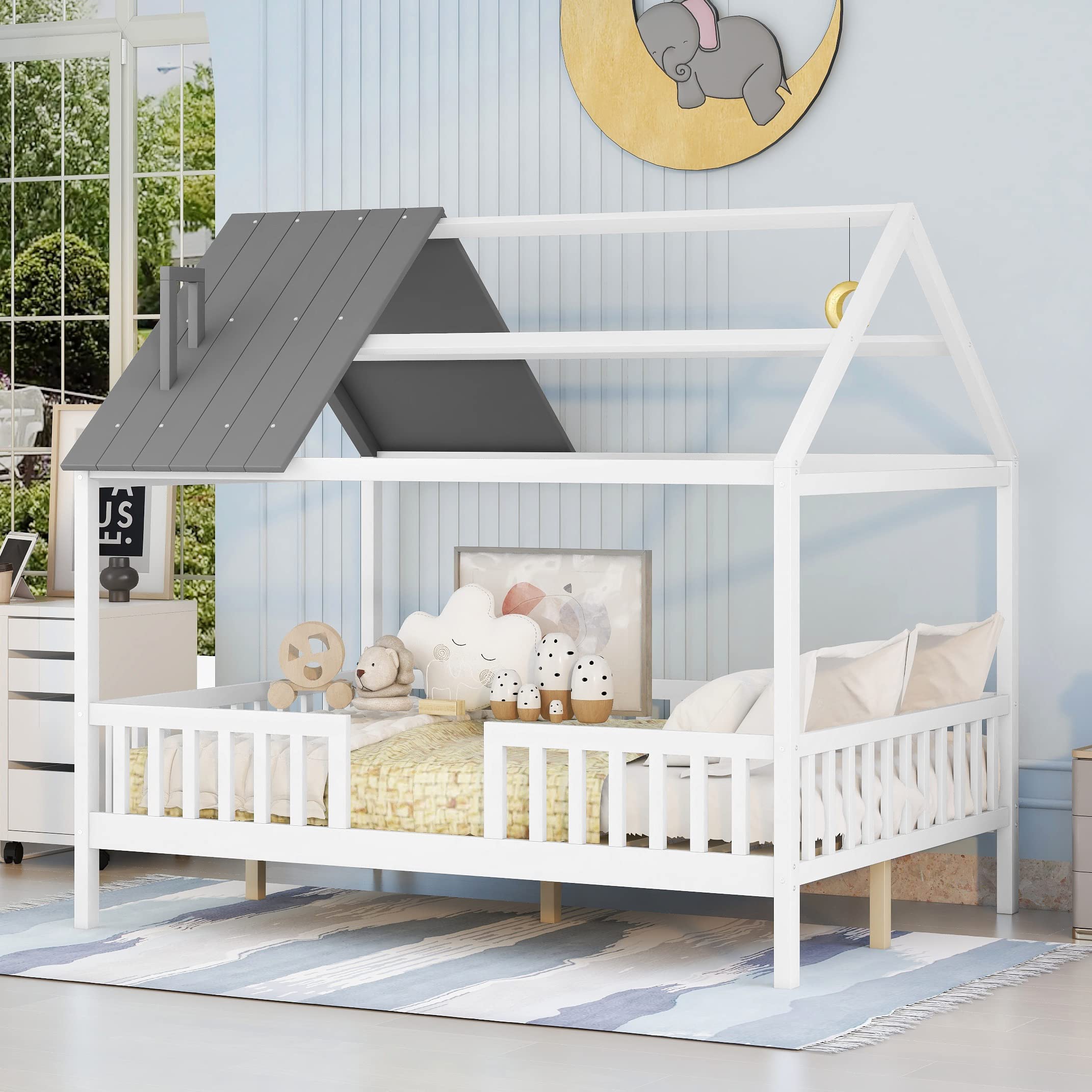 Full Size Kids House Bed Frame with Roof, Chimney & Fence - Sturdy Wood Toddler Platform Bed with Slats Support (No Box Spring Needed) - Grey & White - Perfect for Playrooms, Bedrooms & Imaginative Play Spaces