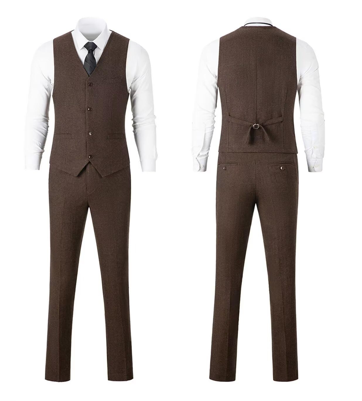 Vintage 3-Piece Tweed Herringbone Slim Fit Suit Set for Men - Brown Formal Blazer, Vest & Pants - Groomsmen, Prom, Wedding & Business Attire