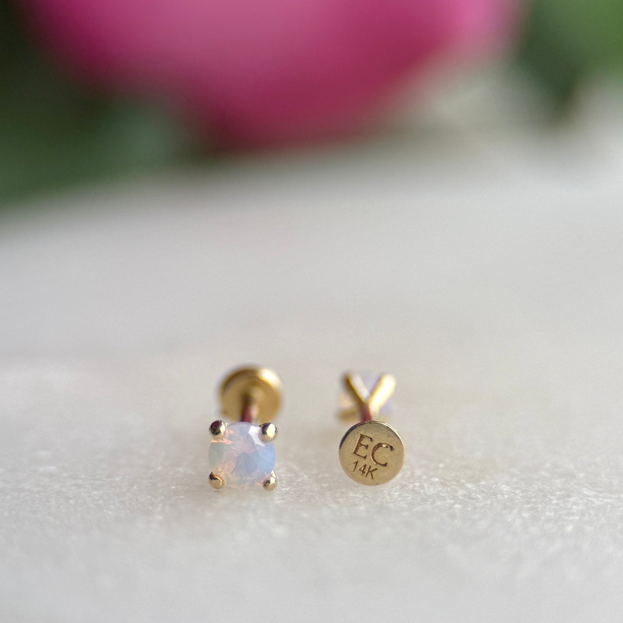 14k Yellow Gold Pink Opal Cartilage Flat Back Stud Earrings - Dainty & Hypoallergenic Jewelry for Women, Perfect for Everyday Wear & Special Occasions