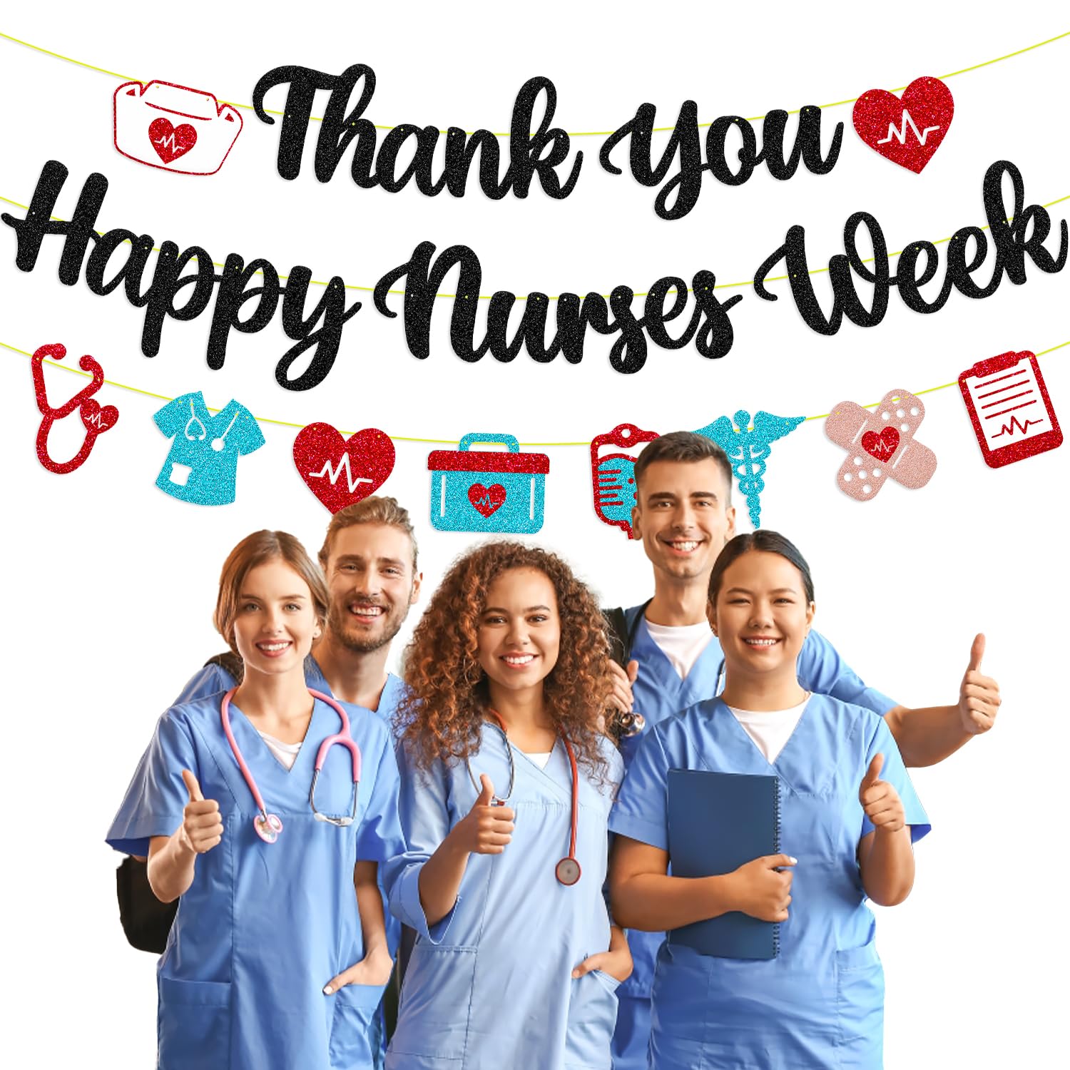 Happy Nurses Week Banner - Certified Nursing Assistant Week Decorations - Nurse Appreciation Backdrop with Black Glitter - Perfect for Hospitals, Clinics & Nursing Schools Celebrations