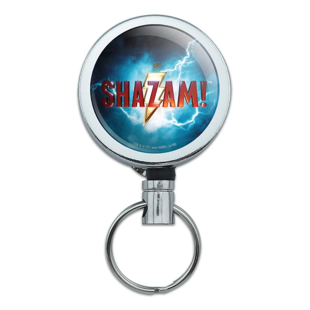 Shazam! Movie Logo Heavy Duty Metal Retractable ID Badge Holder - Key Card Reel with Belt Clip for Work Security, Events & Cosplay