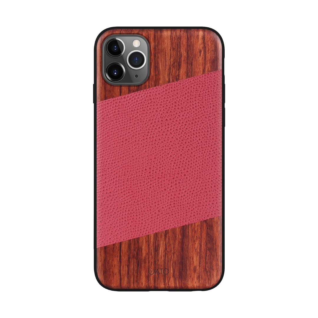 Premium Wooden iPhone 11 Pro Max Case - Genuine Rose Wood & Red Lizard Leather Cover [Wireless Charging Compatible] 6.5