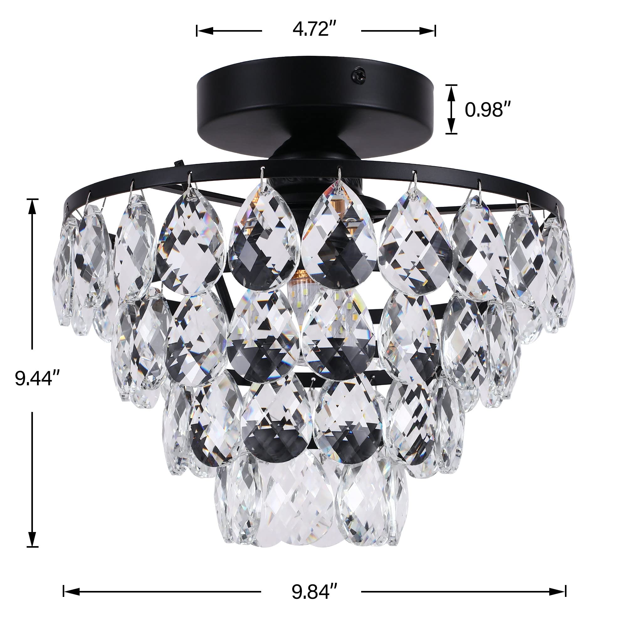 Luupyia Mini Crystal Chandelier Ceiling Light - Modern Small Black Semi Flush Mount Chandelier for Bedroom, Living Room, Hallway | Elegant Lighting Fixture for Home Decor & Interior Design