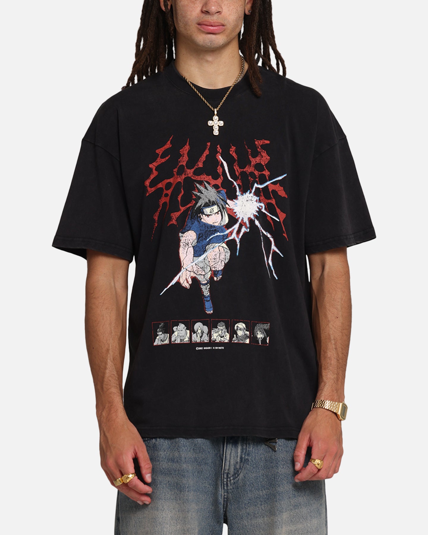 Naruto Sasuke Vintage Graphic T-Shirt - Black Acid Wash Style - Perfect for Anime Fans & Casual Wear