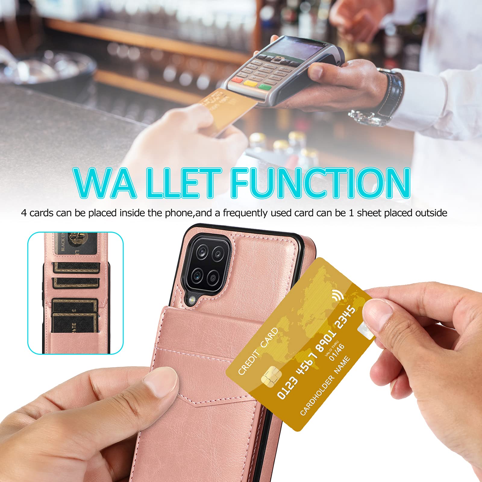 Samsung Galaxy A42 5G Phone Case with Tempered Glass Screen Protector, Credit Card Holder & Stand - Premium Leather Wallet Cover for Galaxy A42 5G/A42 4G (2021 Model) - Rose Gold Women's Design for Everyday Protection & Convenience
