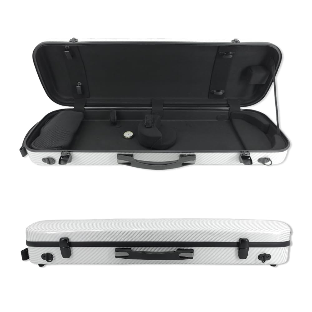 Premium 4/4 Full Size Carbon Fiber Violin Case - Oblong Hard Shell with Soft Padding, Back Straps & Music Sheet Bag (White) - Perfect for Professional Musicians, Travel & Storage