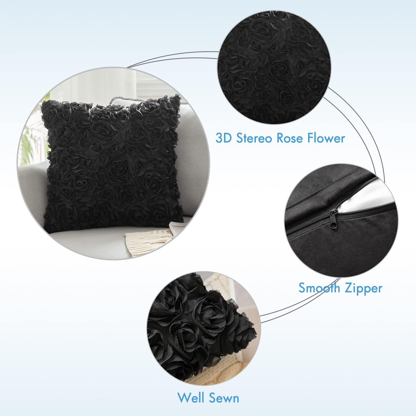 MIULEE 3D Decorative Romantic Valentines Rose Flower Throw Pillow Cover - 18x18 Inch (45x45cm) Black Chiffon Pillowcase for Sofa, Bedroom, Car - Perfect for Weddings, Gifts & Home Decor