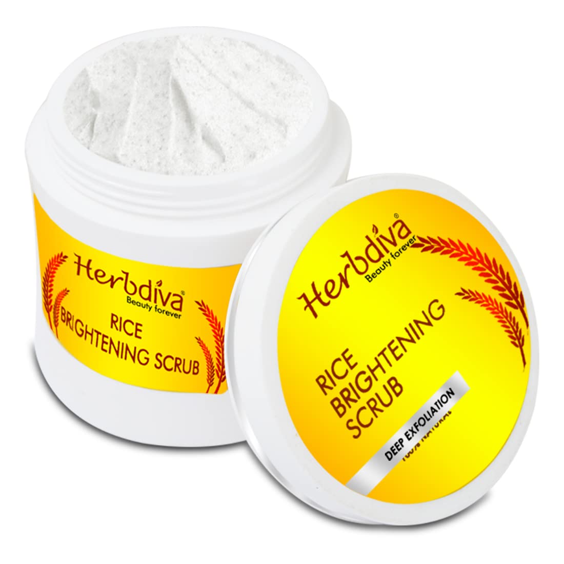 Herbdiva Rice Brightening Scrub 250ml - Enriched with Almond Oil & Shea Butter for Deep Exfoliation & Glowing Skin | Pure Natural Face Scrub for Dark Spots & Dullness | Perfect for Daily Skincare Routine & Spa Treatments