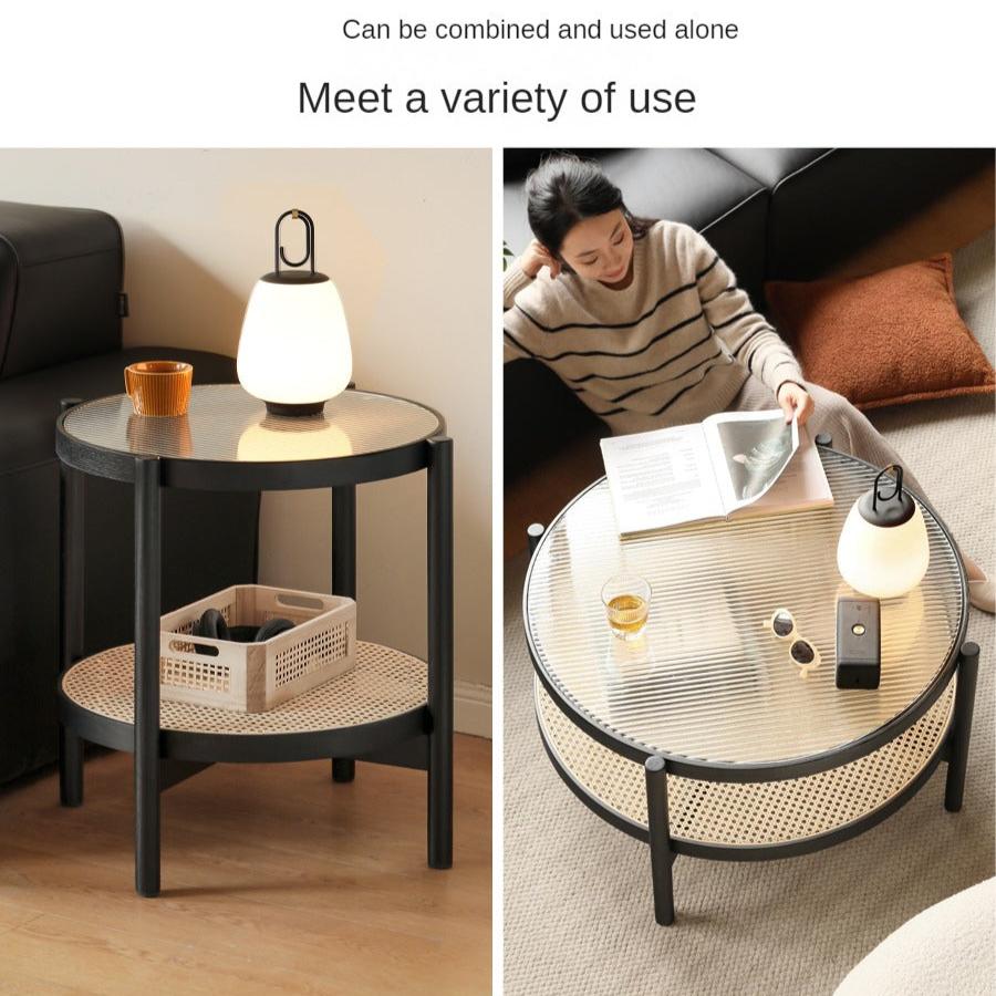 Solid Oak Wood Rattan Black Glass Round Coffee Table - Modern Living Room Centerpiece for Home Decor