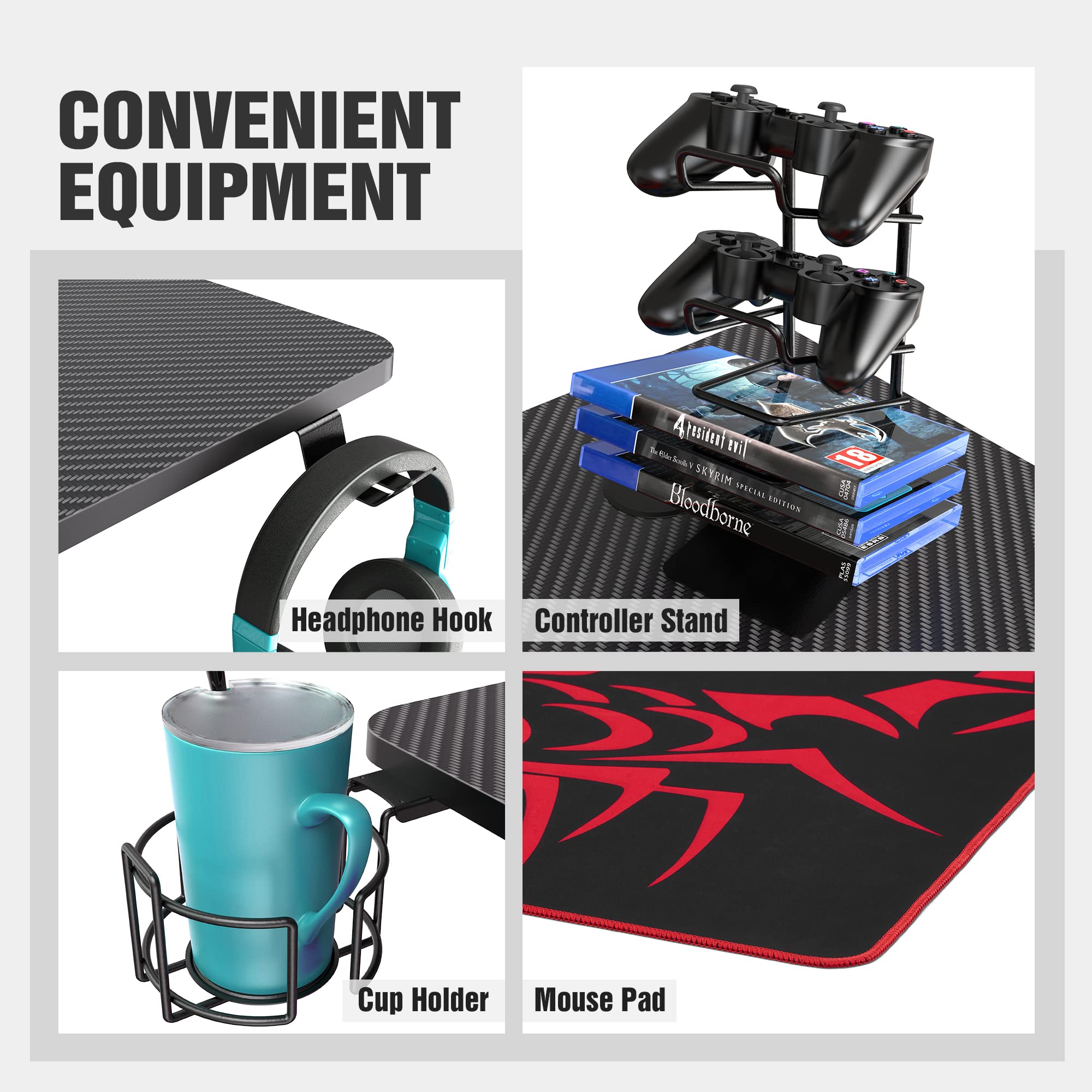 EUREKA ERGONOMIC 55 Inch K-Shaped Gaming Desk with Mouse Pad, Headphone Hook & Cup Holder - Large Computer Desk for Home Office & PC Gamers - Perfect for Gaming Setups, Workstations & Multi-Monitor Setups (Black)
