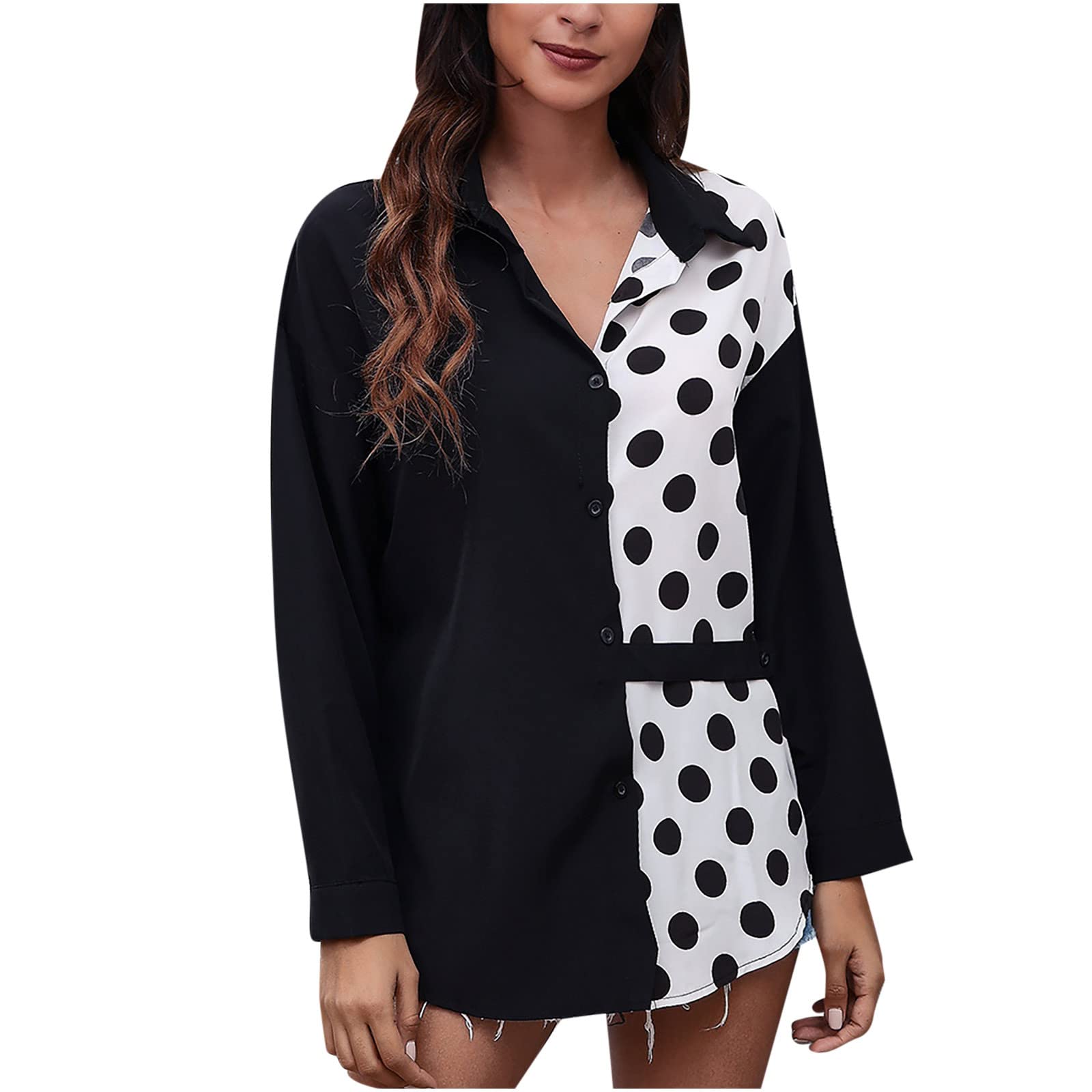 Women's V-Neck Long Sleeve Button Down Shirt - Lapel Color Block Tunic Top for Casual Wear | Office, Date Night & Everyday Outfits