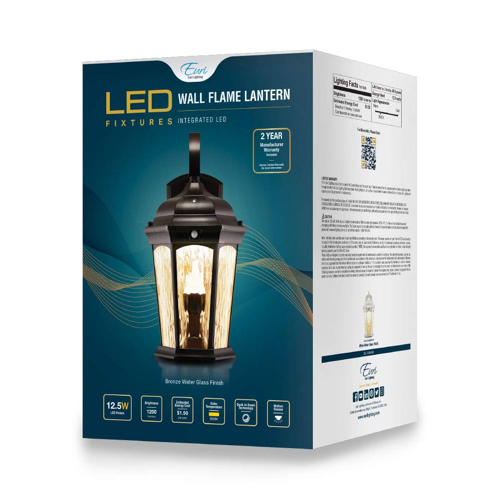 Euri Lighting EFL-130W-MD Flickering Flame Outdoor Lantern with Water Glass - 3000K Warm White Security Light, Photocell & Motion Sensor (Dusk-to-Dawn), Oil Rubbed Bronze - Set of 2 - Perfect for Porch, Patio, Garden & Entryway Lighting