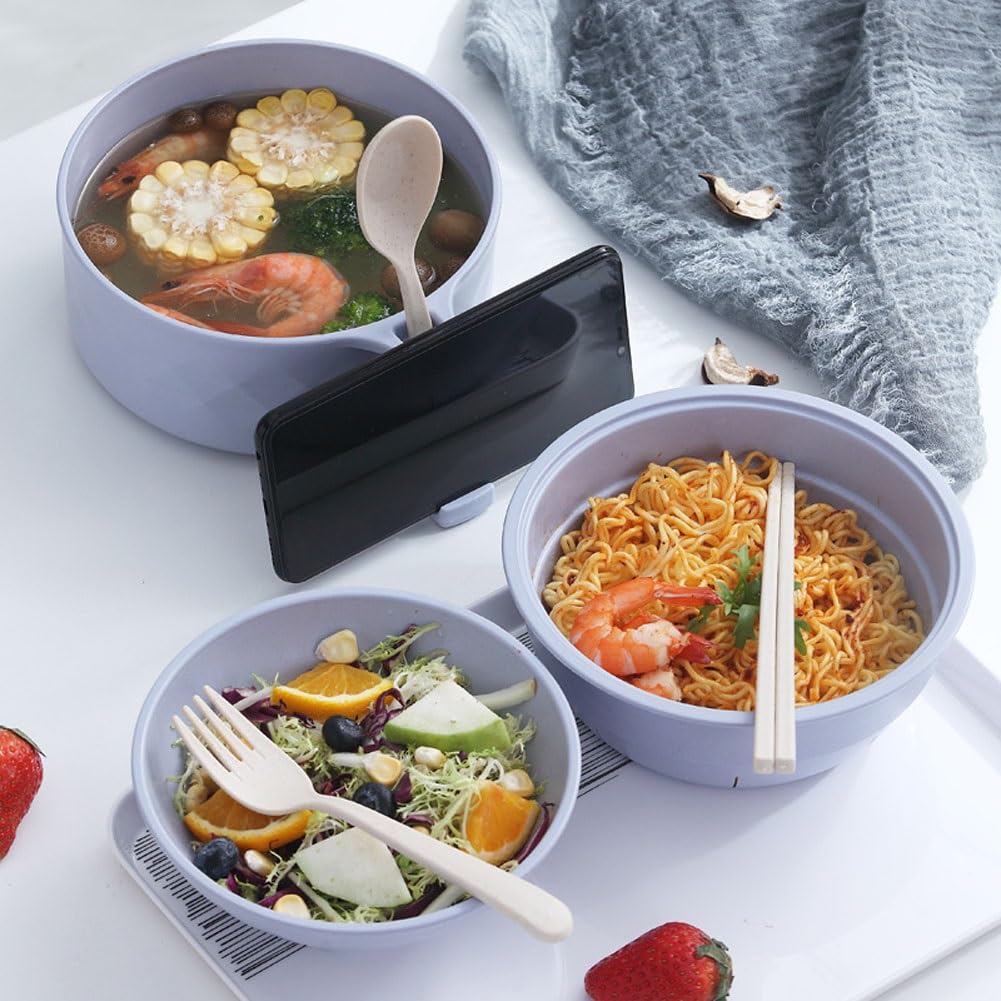 6-Piece Reganew Microwave Safe Ramen Noodle Bowls Set with Lids - Includes Handles, Spoon & Chopsticks - Large Soup Cups for College Dorm, Office Lunch & Quick Meals - BPA-Free & Dishwasher Safe (Blue)