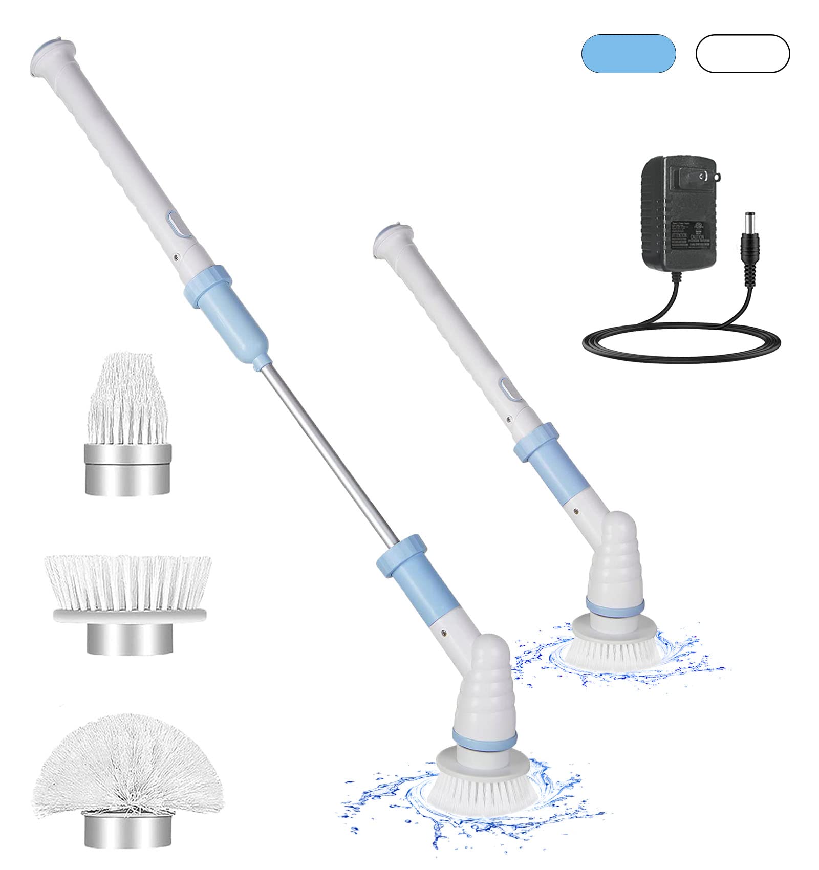 Electric Spin Scrubber Brush - Cordless Power Scrubber with 3 Replaceable Heads, Adjustable Extension Handle for Bathroom, Shower, Tile & Tub Cleaning - Blue & White - Perfect for Deep Cleaning Grout, Sinks & Hard-to-Reach Areas