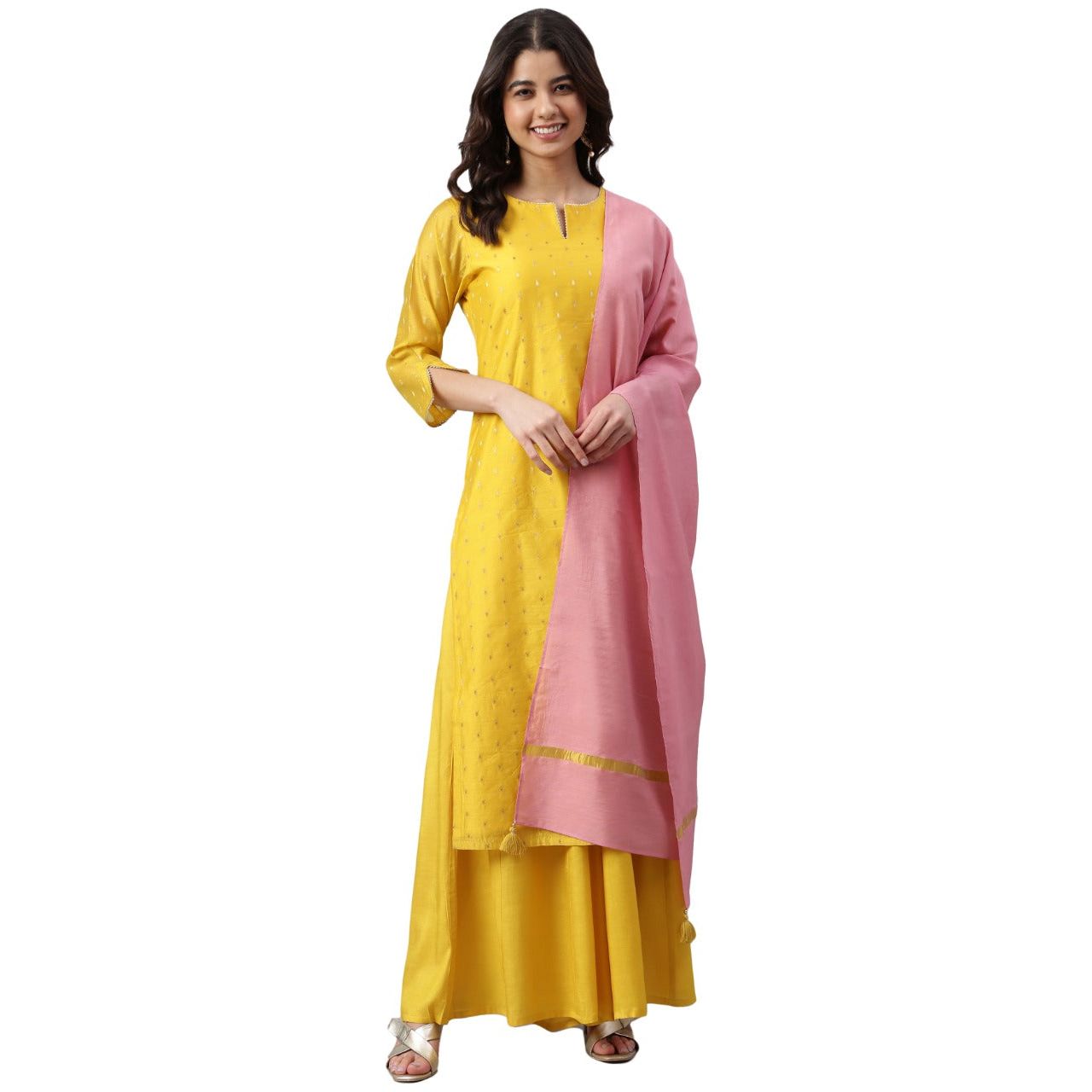 Elegant Yellow and Gold Printed Chanderi Silk Kurta Set for Women | Traditional Indian Ethnic Wear | Perfect for Festivals, Weddings & Special Occasions