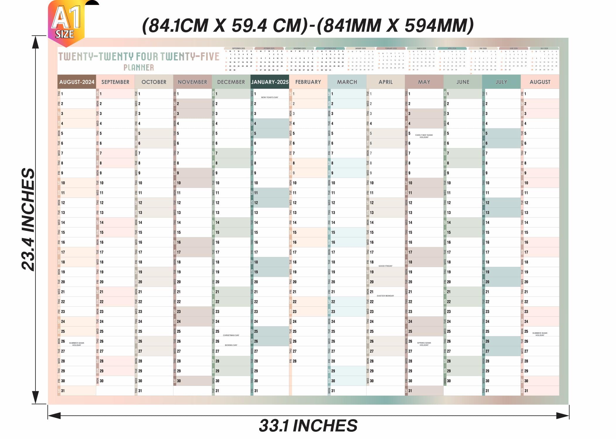 2024-2025 Academic Year Wall Planner - Large 59.4x84.1cm A1 Size Study Calendar & Organizer | August to August School Office Poster | Perfect for Classroom, Home Study & Work Planning (Folded, 1Pc)