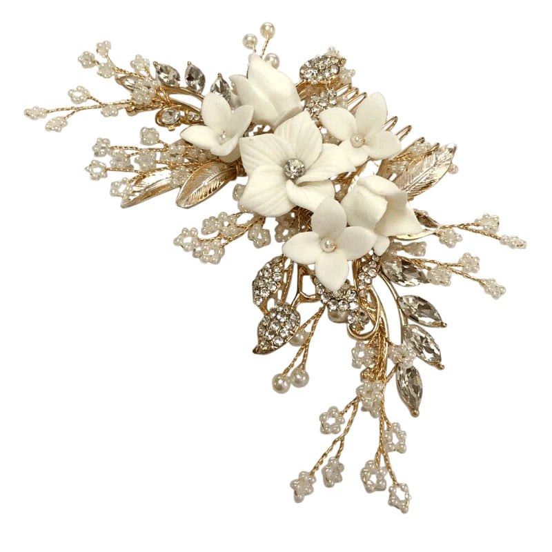 Elegant Gold Floral Hair Comb with Crystals & Pearls for Brides - Wedding Hair Accessory A7647 | Perfect for Bridal, Prom, and Special Occasions