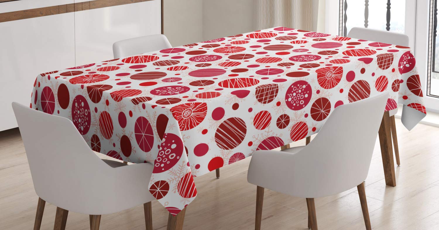 Ambesonne Abstract Tablecloth - Grid Lines, Round Shapes & Snowflake Motifs Print - 60x84 Inch Rectangular Dining Table Cover for Kitchen & Home Decor in White, Dark Pink & Vermilion - Perfect for Holiday Dinners, Parties & Everyday Use