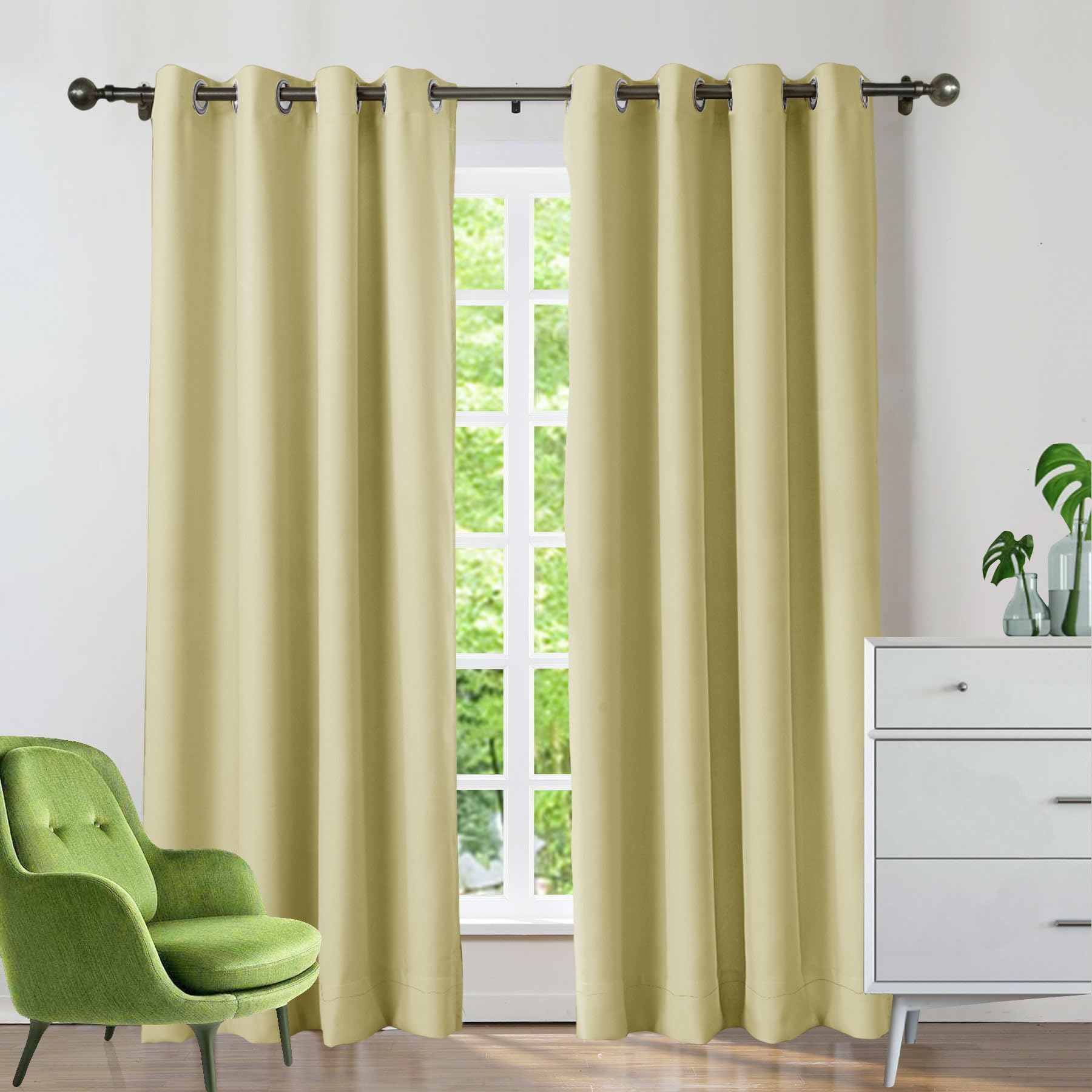 Thermal Insulated Blackout Curtains 96 Inches Long - Solid Beige Grommet Window Drapes for Bedroom, 52W x 96L (1 Panel) | Noise Reducing & Energy Efficient Room Darkening Curtains for Better Sleep & Home Decor