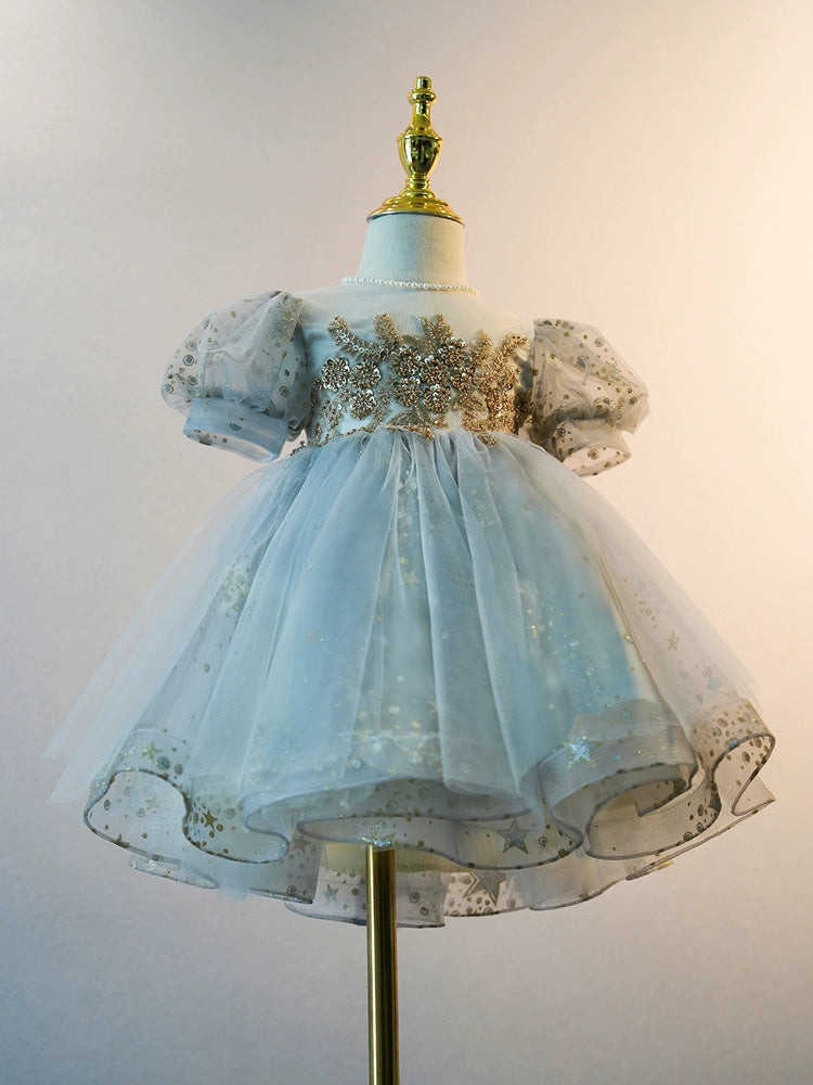 Dusty Blue Princess Round Tea Length Tulle Flower Girl Dress for Weddings & Special Occasions