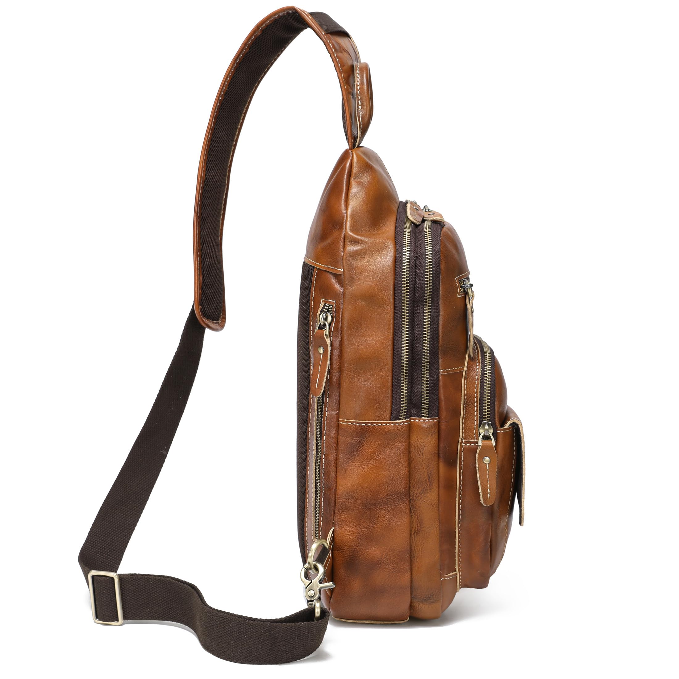 LANNSYNE Genuine Full Grain Leather Crossbody Sling Bag for Men - Waterproof Chest Shoulder Bag for Hiking, Travel & Business - Fits 12.9