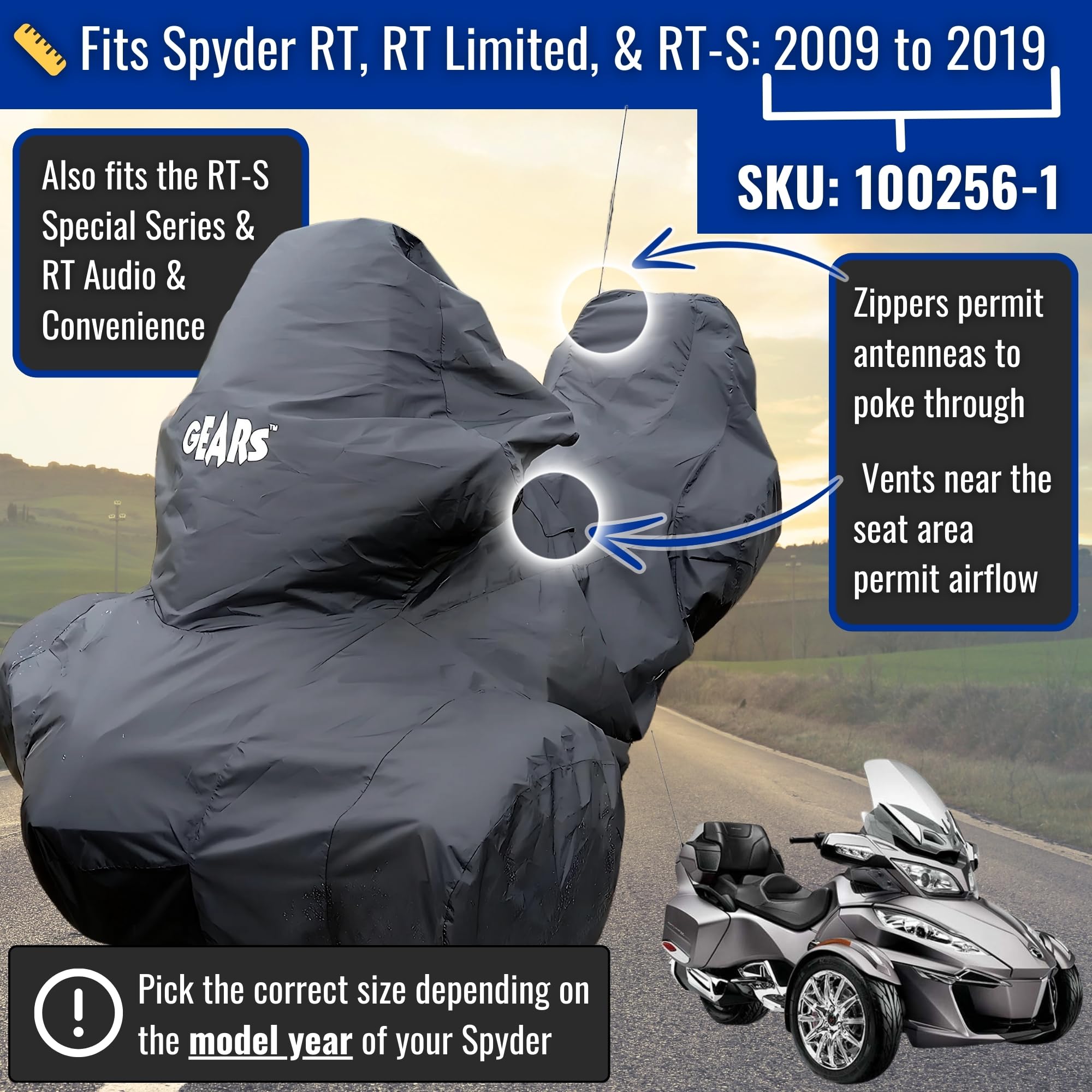 GEARS Waterproof 3-Wheel Motorcycle Cover for Can-Am Spyder RT & RT Limited (Fits 2019 & Older Models) - Includes Storage Bag - All-Weather Protection for Indoor/Outdoor Use - Ideal for Garage, Travel & Long-Term Storage