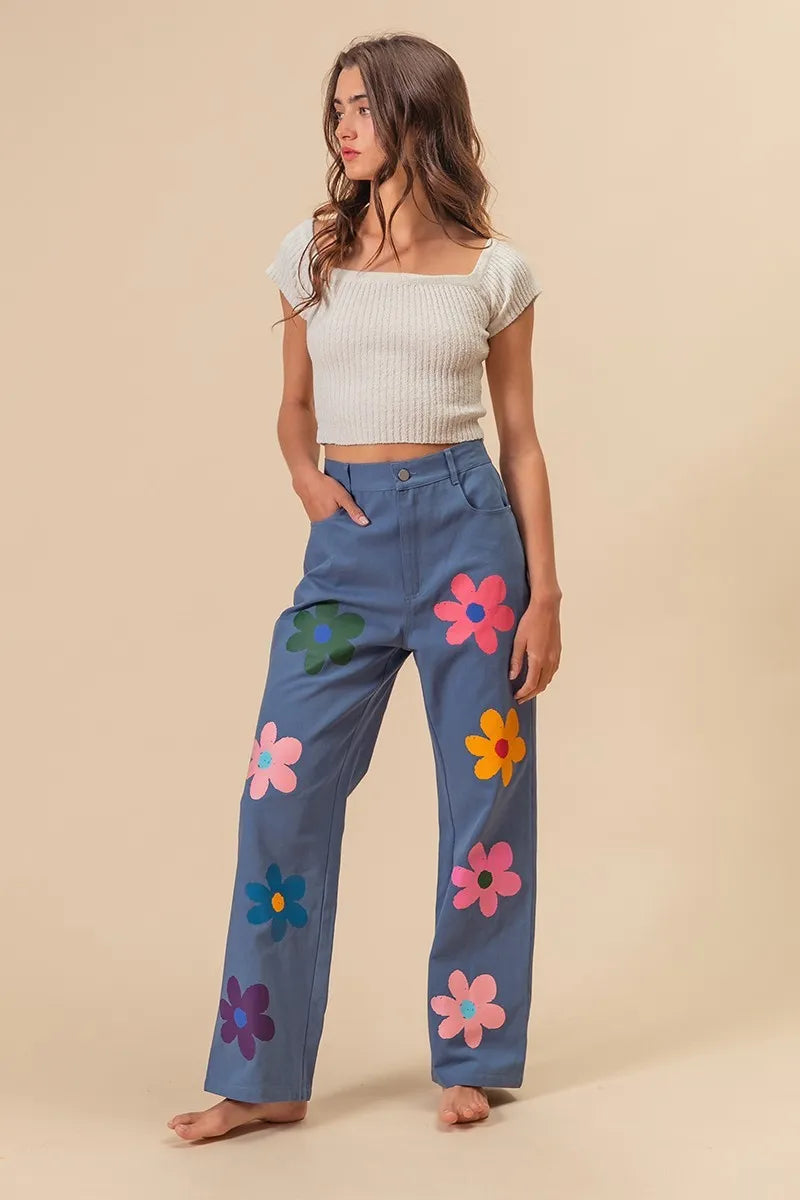 BiBi Floral Print Straight Leg Pants for Women - Casual & Comfortable Trousers for Everyday Wear, Office, and Outings