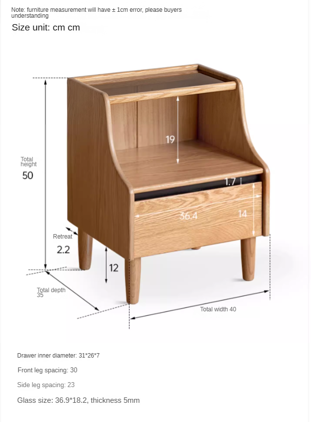 Solid Oak Wood Nightstand with Glass Top - Modern Bedside Table for Bedroom, Living Room, or Office