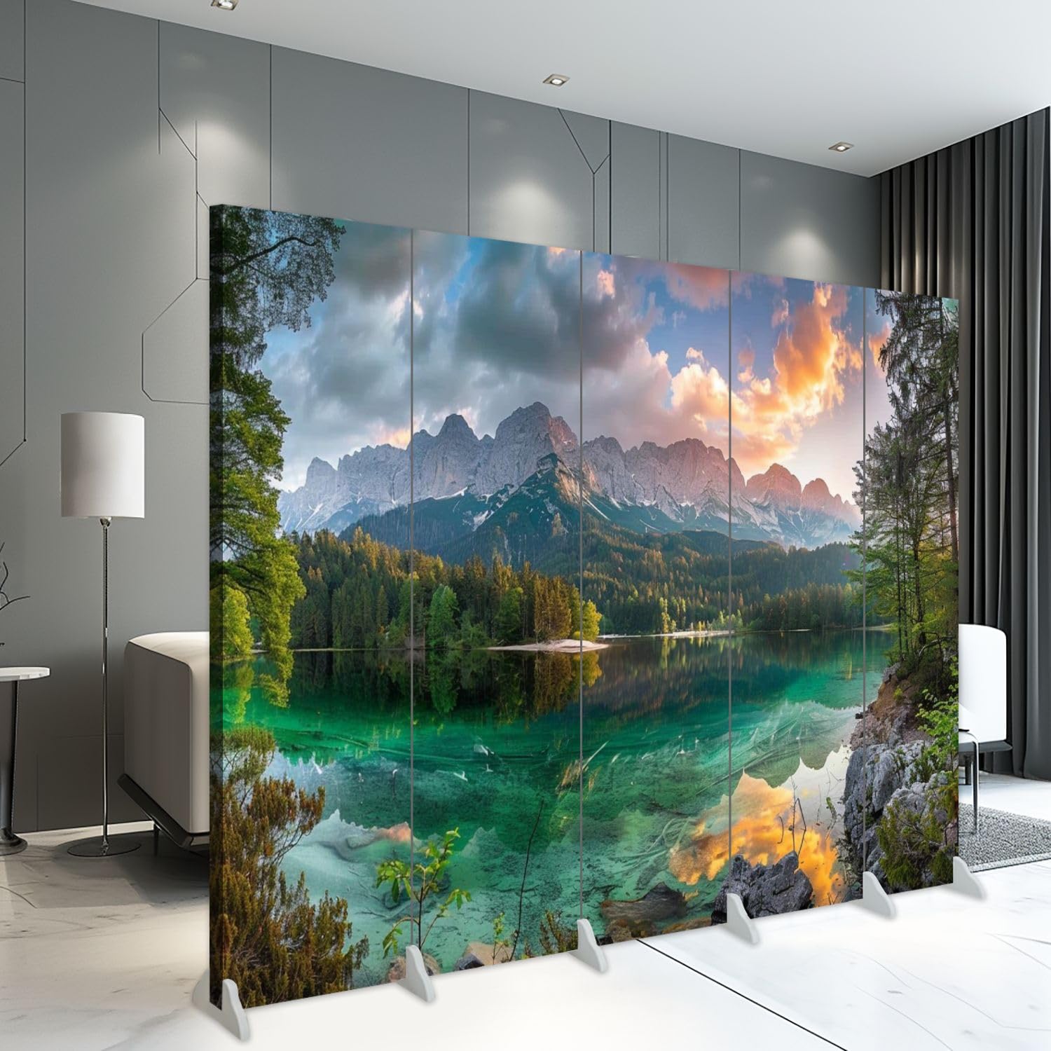 5-Panel Folding Room Divider - Mountain Lake Landscape Canvas Partition Screen for Home & Office - Freestanding Privacy Wall Separator for Living Room, Bedroom, Dorm, or Studio Decor
