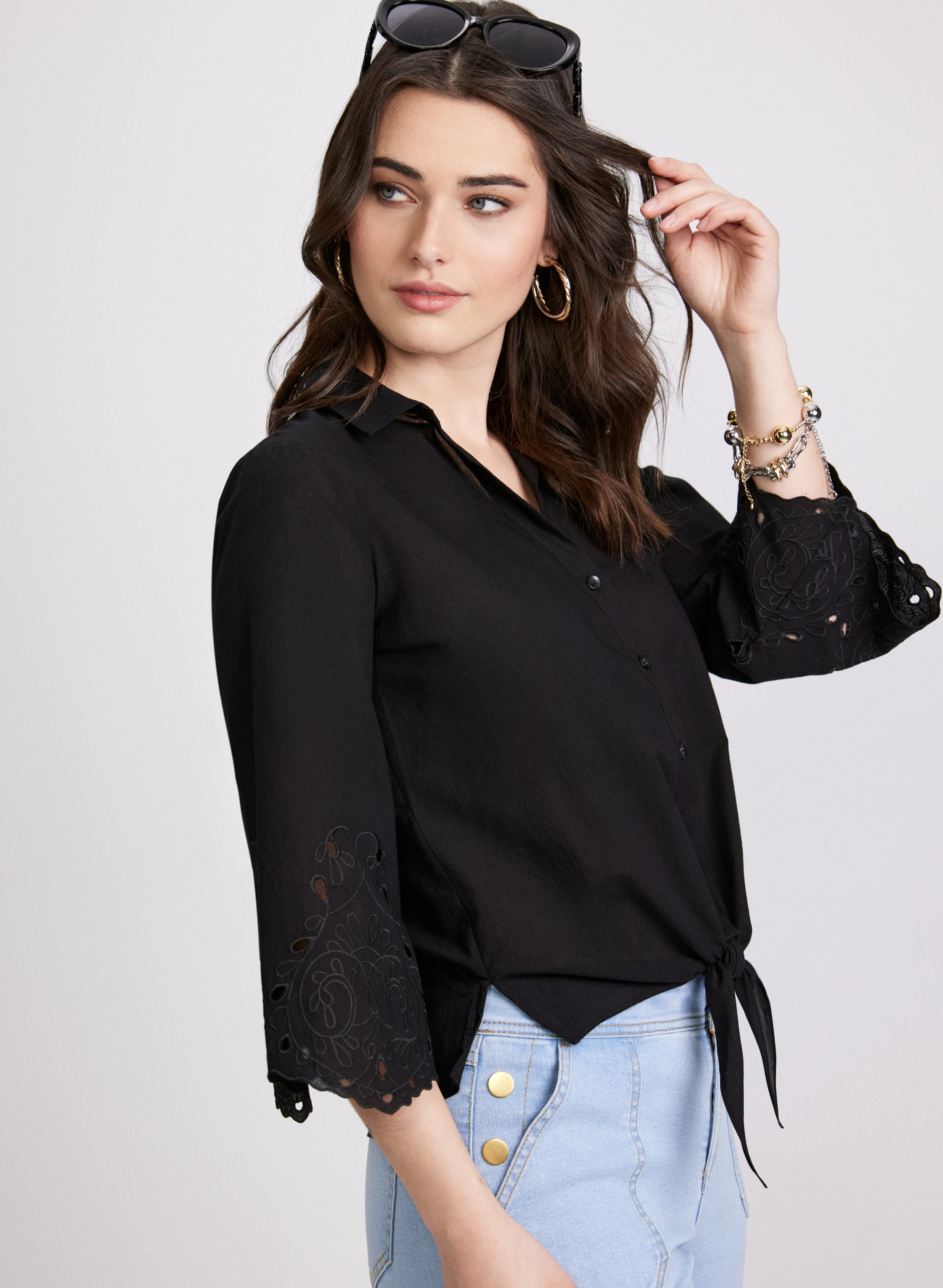 Elegant Embroidered Sleeve Blouse for Women - Floral Lace Top for Casual Wear & Office Outfits