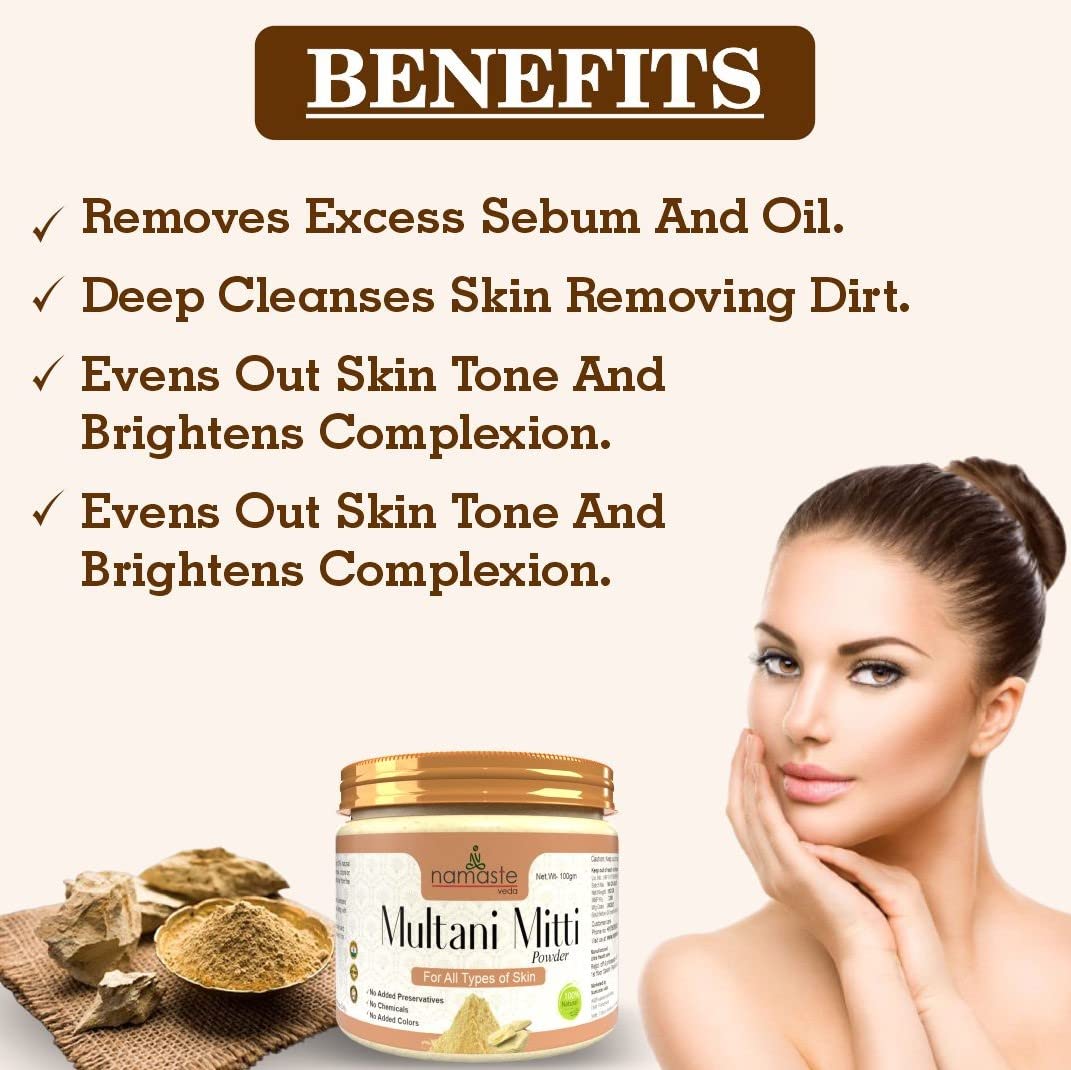 Namaste Veda Pure & Natural Herbal Multani Mitti Clay Powder for Glowing Skin - 100g | Brightening Face Pack, Natural Skin Toner & Tan Remover | Perfect for Daily Skincare Routine & Spa Treatments