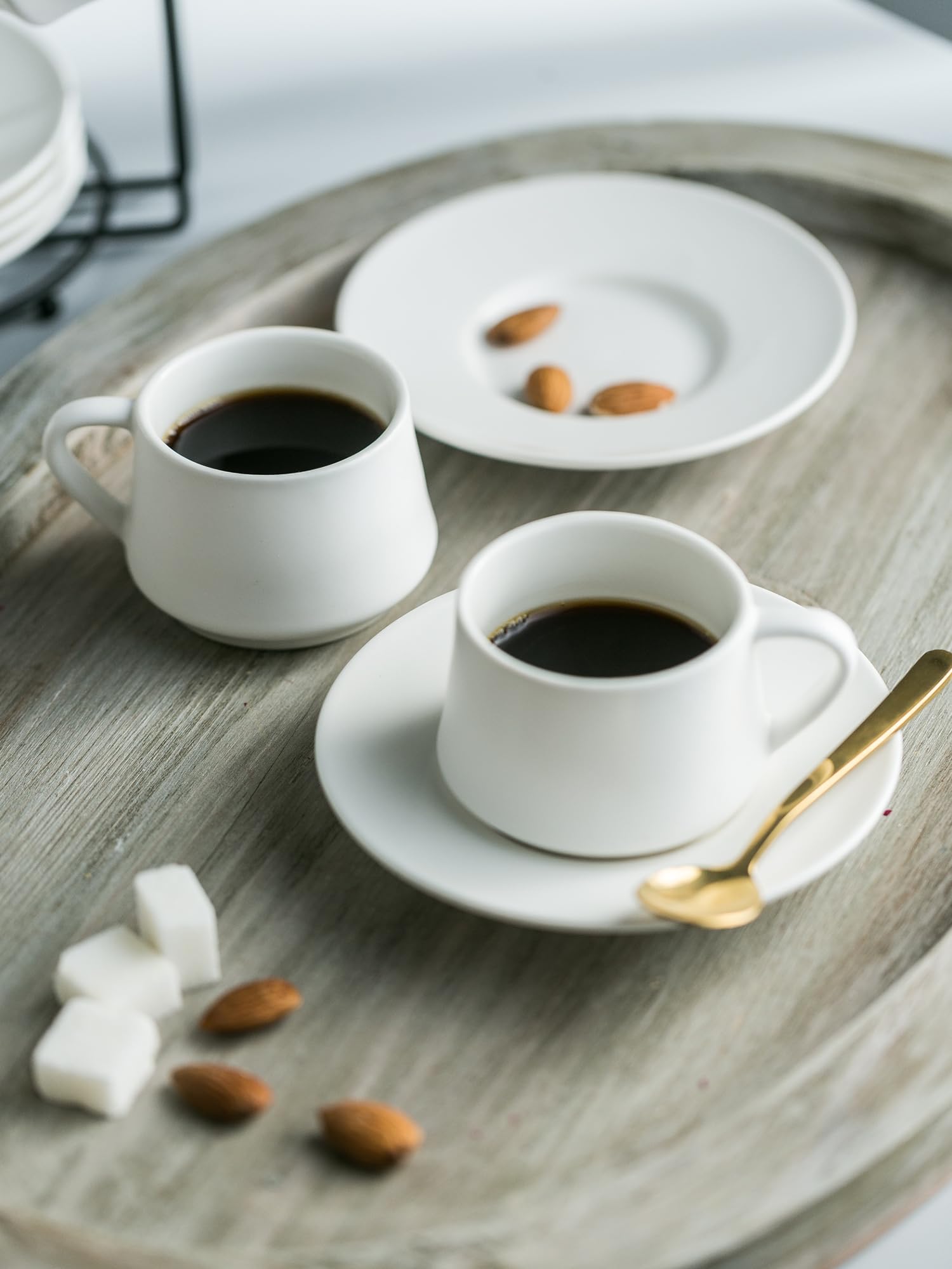 YHOSSEUN 6-Piece White Espresso Cup Set with Saucers & Metal Stand - 4 oz Cappuccino & Tea Cups for Coffee Lovers, Tea Parties, and Home Decor