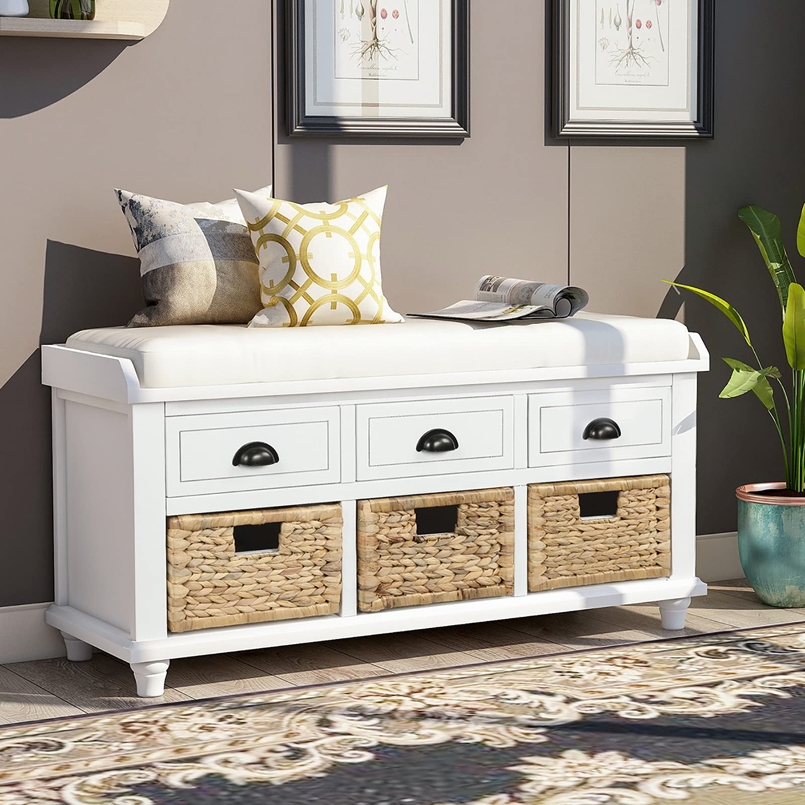 Rustic Entryway Storage Bench with 3 Drawers & Rattan Baskets - Solid Wood Shoe Bench with Removable Cushion - Perfect for Living Room, Hallway & Entryway Organization - Easy Assembly (White) - Ideal for Small Spaces, Mudroom Storage & Home Décor