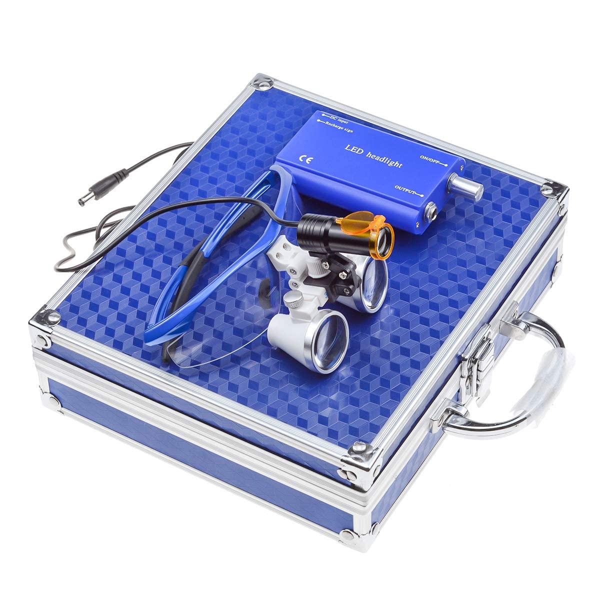 2.5X420mm Dental Loupes with 5W LED Headlight & Waist-Hanging Lamp - Blue DY-008 | Perfect for Dentists, Surgeons & Jewelers | Includes Aluminum Case & Light Filter