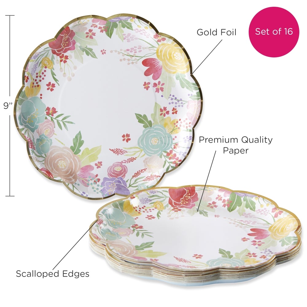 Premium 9-inch Garden Blooms Paper Plates - Set of 16, Elegant Floral Design for Parties, Picnics, BBQs & Outdoor Dining - Eco-Friendly Disposable Tableware