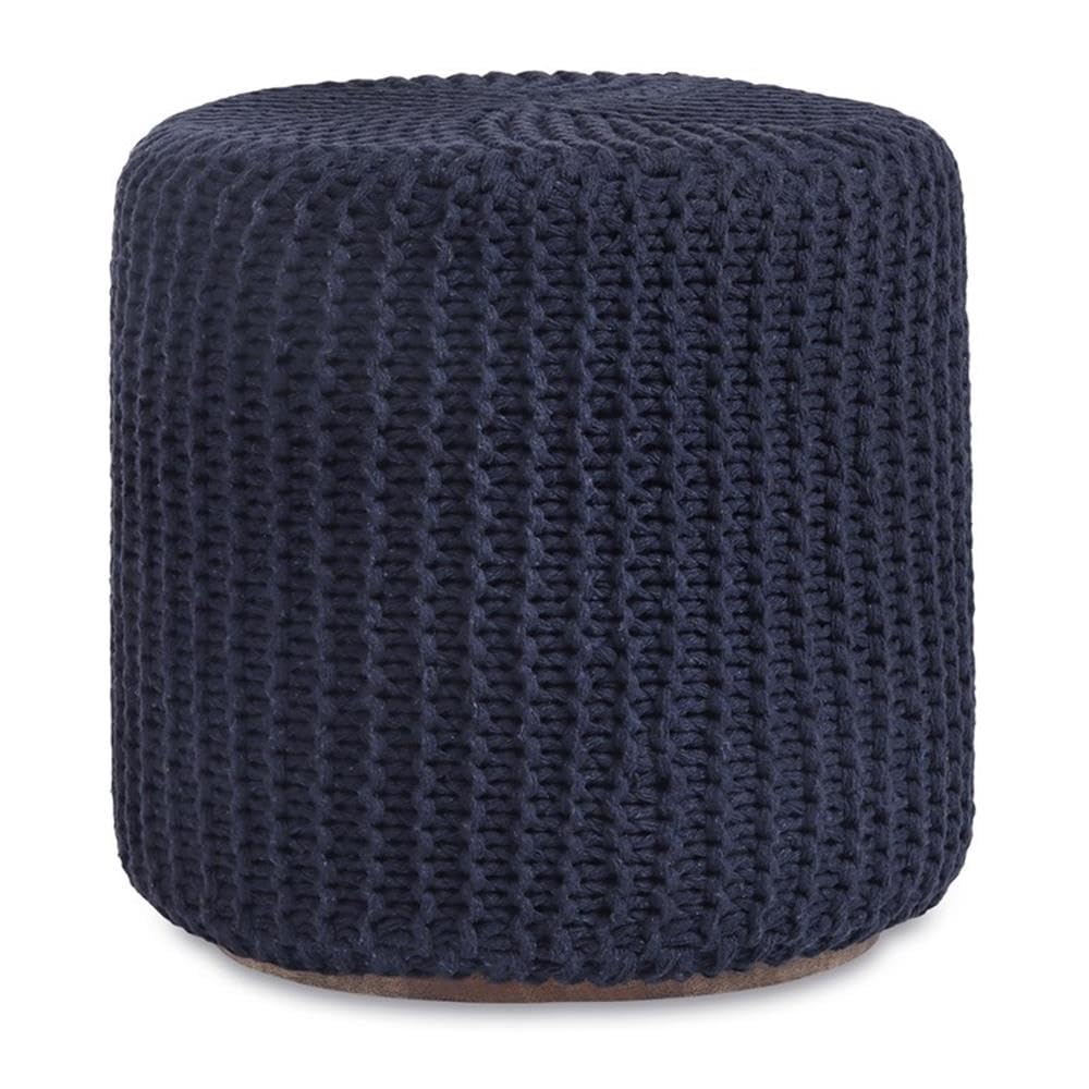 Brayton 3-in-1 Cotton Yarn Pouf Ottoman End Table - Navy Blue Multi-Functional Footstool for Living Room, Bedroom & Nursery Decor
