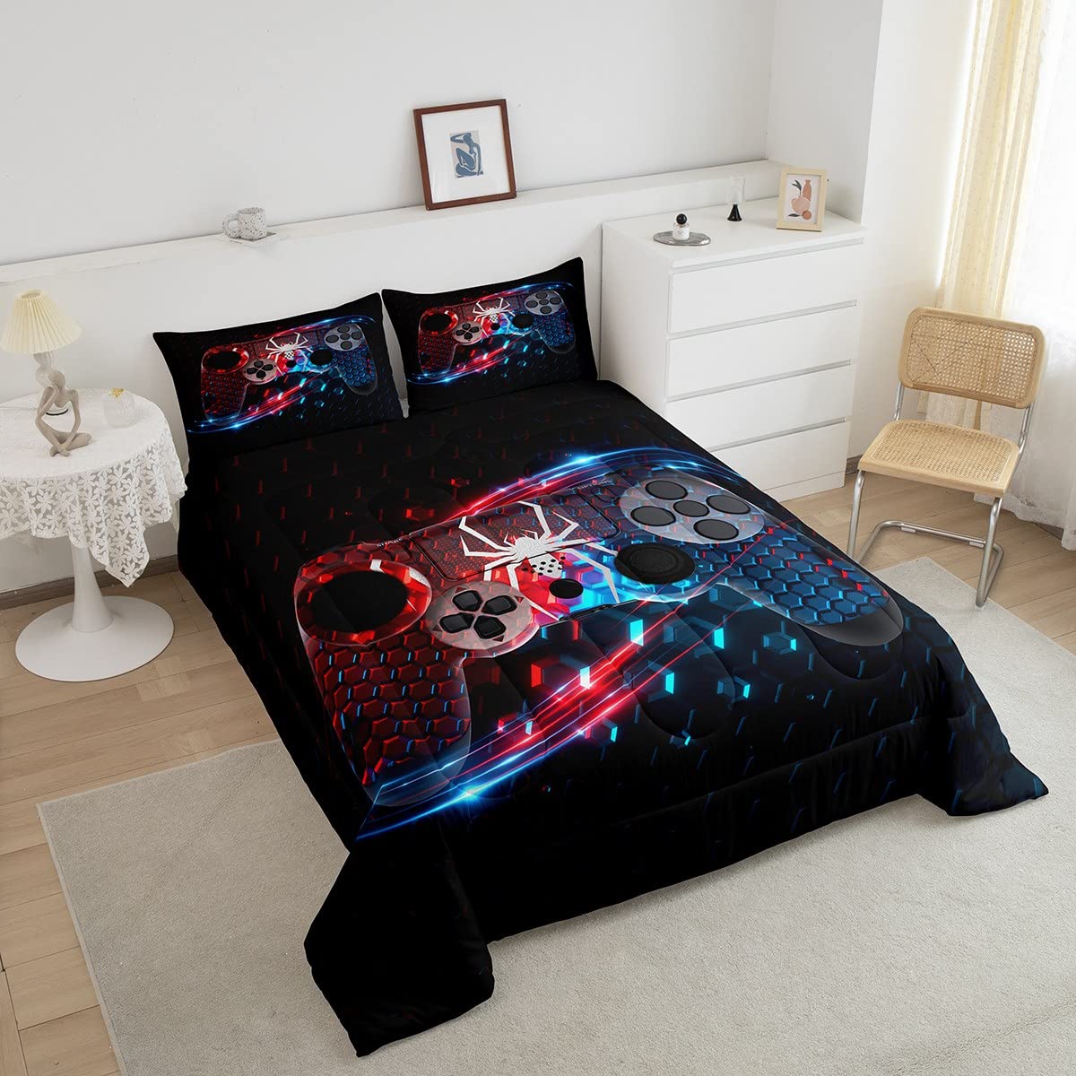Erosebridal Boys Bedding Set King Size - Honeycomb Pattern Gaming Comforter Set for Kids & Toddlers, Red & Blue - Perfect for Teen Bedrooms, Gaming Rooms & Sleepovers