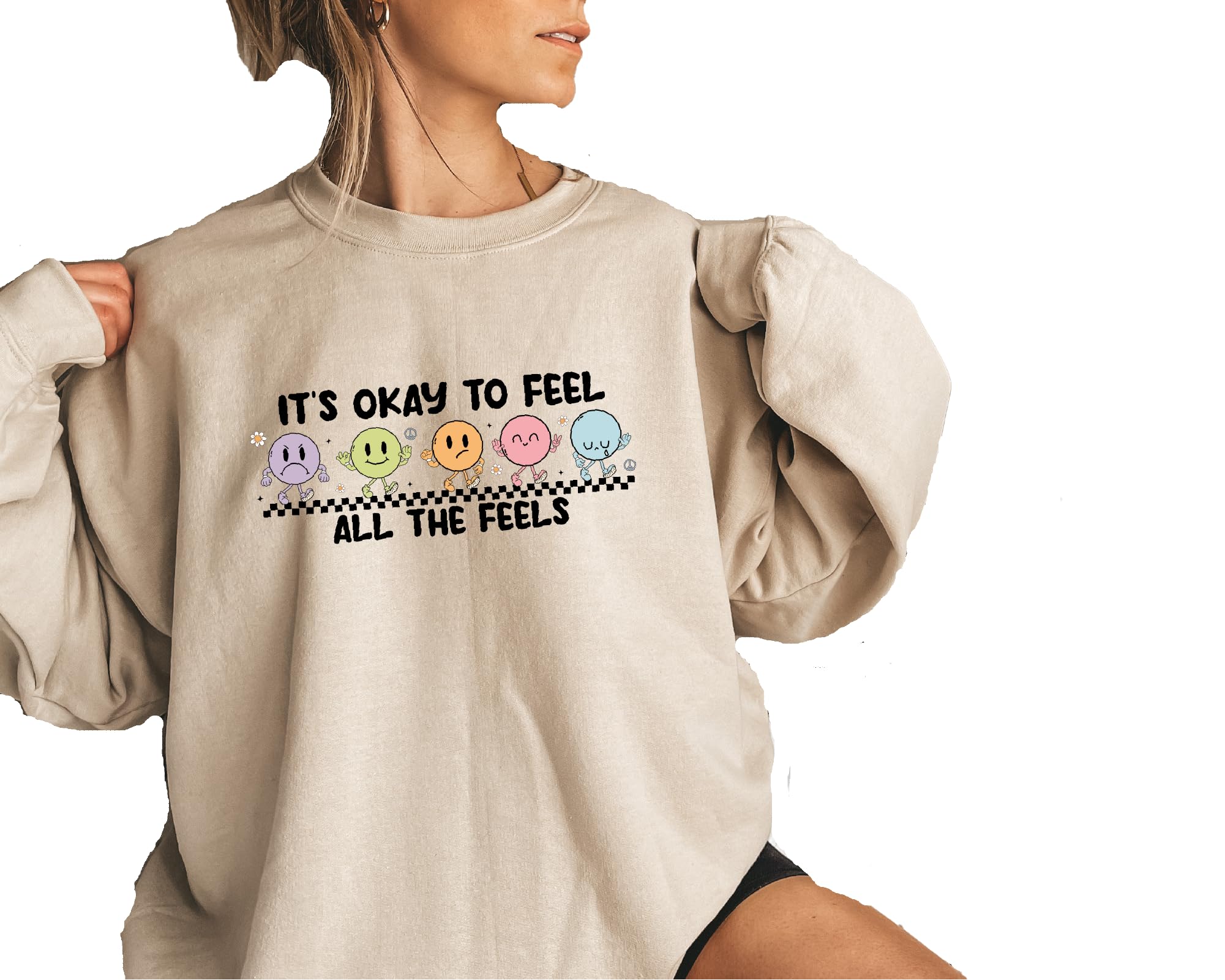Its Okay To Feel All The Feels Sweatshirt - Emotional Support & Mental Health Awareness Hoodie for Women with Anxiety & ADHD - Cozy Comfort Wear for Therapy Sessions, Self-Care Days & Casual Outfits (L, Sand)