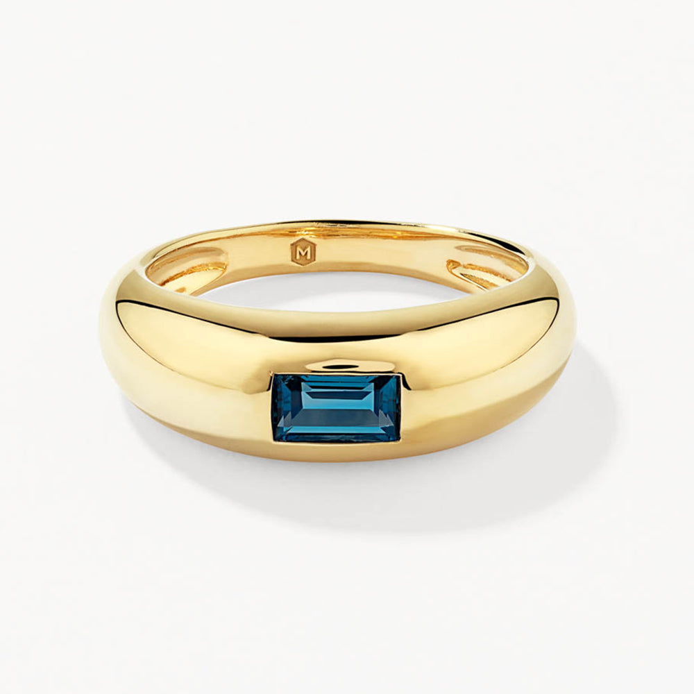 Exquisite Blue Topaz Baguette Curve Pinky Ring in 14K Gold - Elegant Stackable Jewelry for Women's Everyday Wear & Special Occasions
