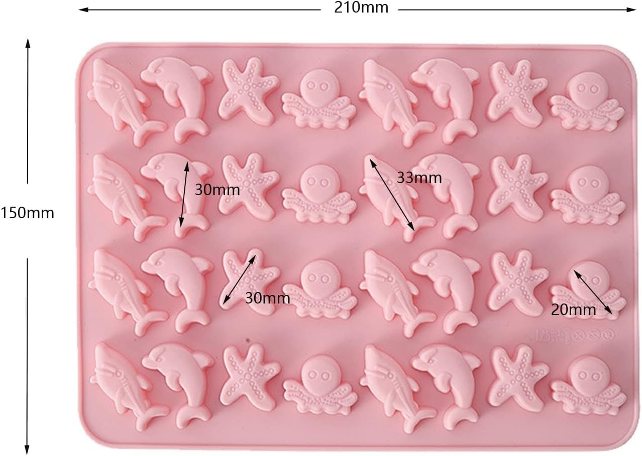 Skytail 32-Cavity Marine Life Silicone Mold Set - Starfish, Dolphin, Octopus & Shark Shapes for Chocolate, Candy, Cake Decor, Jelly, Ice Cubes | Perfect for Aquatic Theme Parties, Baking & DIY Desserts